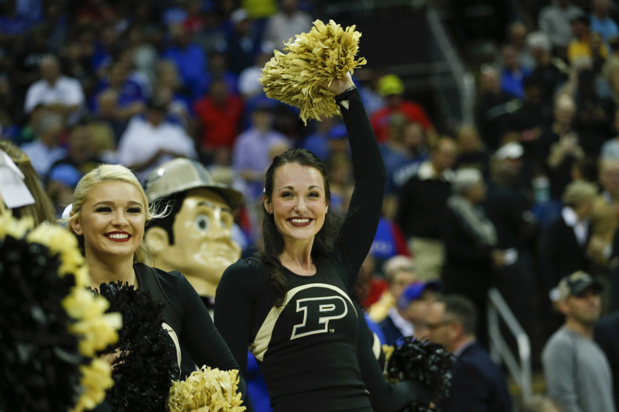 Mar 23, 2017; Kansas City, MO, USA; Purdue Boilermakers cheerleaders perform during the first half against the Kansas Jayhawks in the semifinals of the midwest Regional of the 2017 NCAA Tournament at Sprint Center. Mandatory Credit: Jay Biggerstaff-Imagn Images