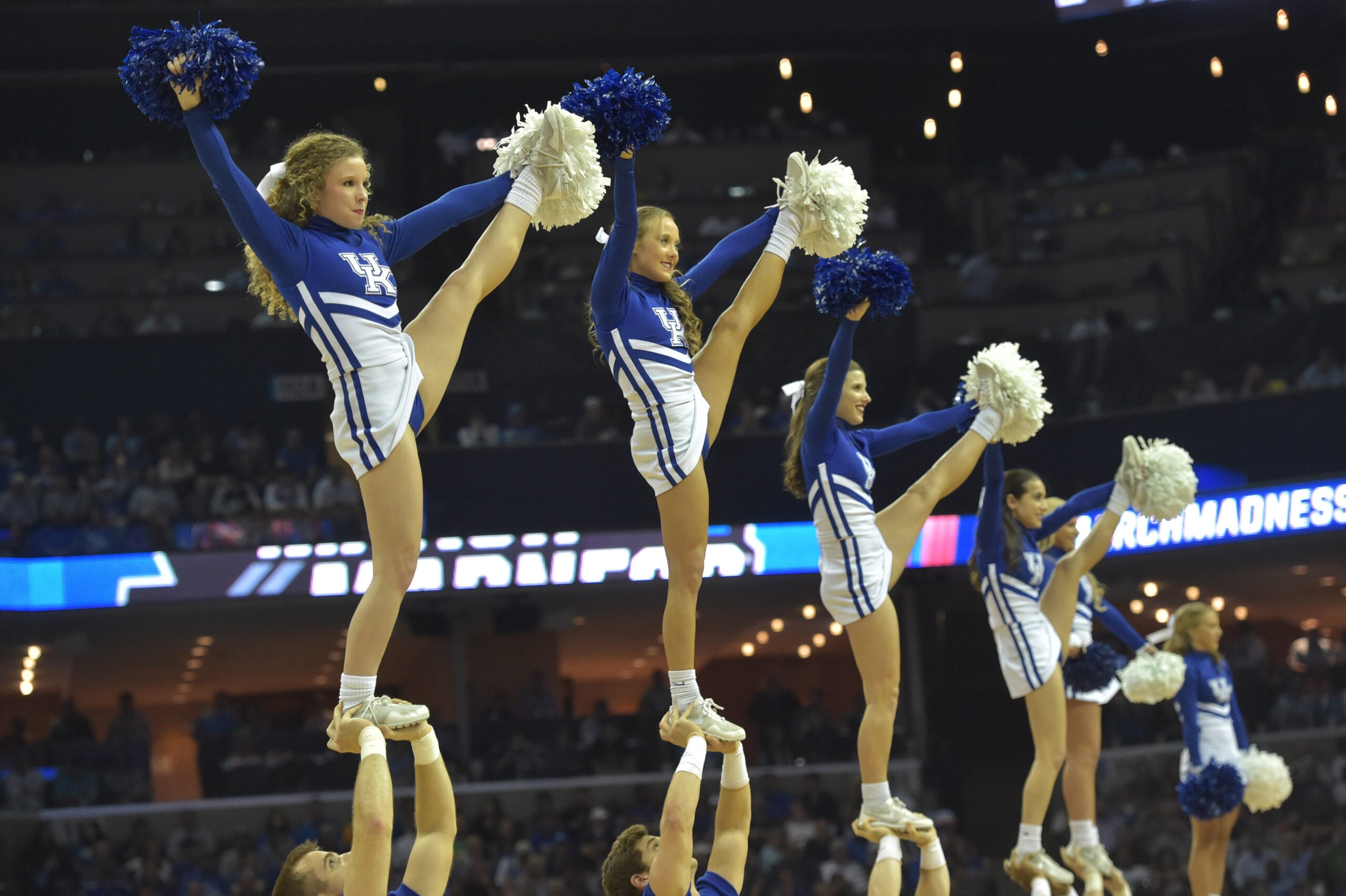 Mar 24, 2017; Memphis, TN, USA;Kentucky Wildcats cheerleaders perform in the first half against the UCLA Bruins during the semifinals of the South Regional of the 2017 NCAA Tournament at FedExForum. Mandatory Credit: Justin Ford-Imagn Images