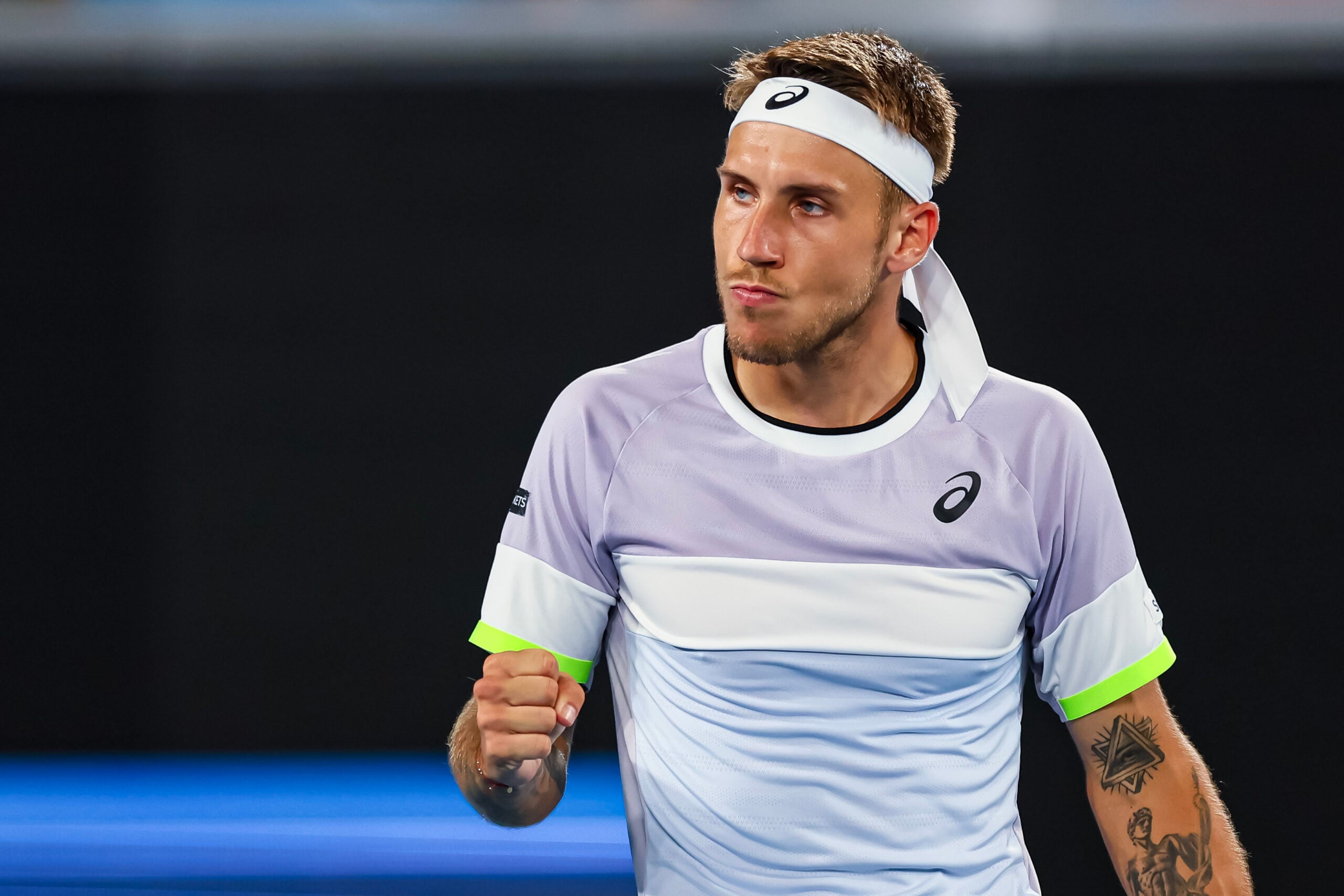 Jan 18, 2023; Melbourne, Victoria, Australia; Alex Molcan during his second round match against Felix Auger-Aliassime on day three of the 2023 Australian Open tennis tournament at Melbourne Park. Mandatory Credit: Mike Frey-Imagn Images