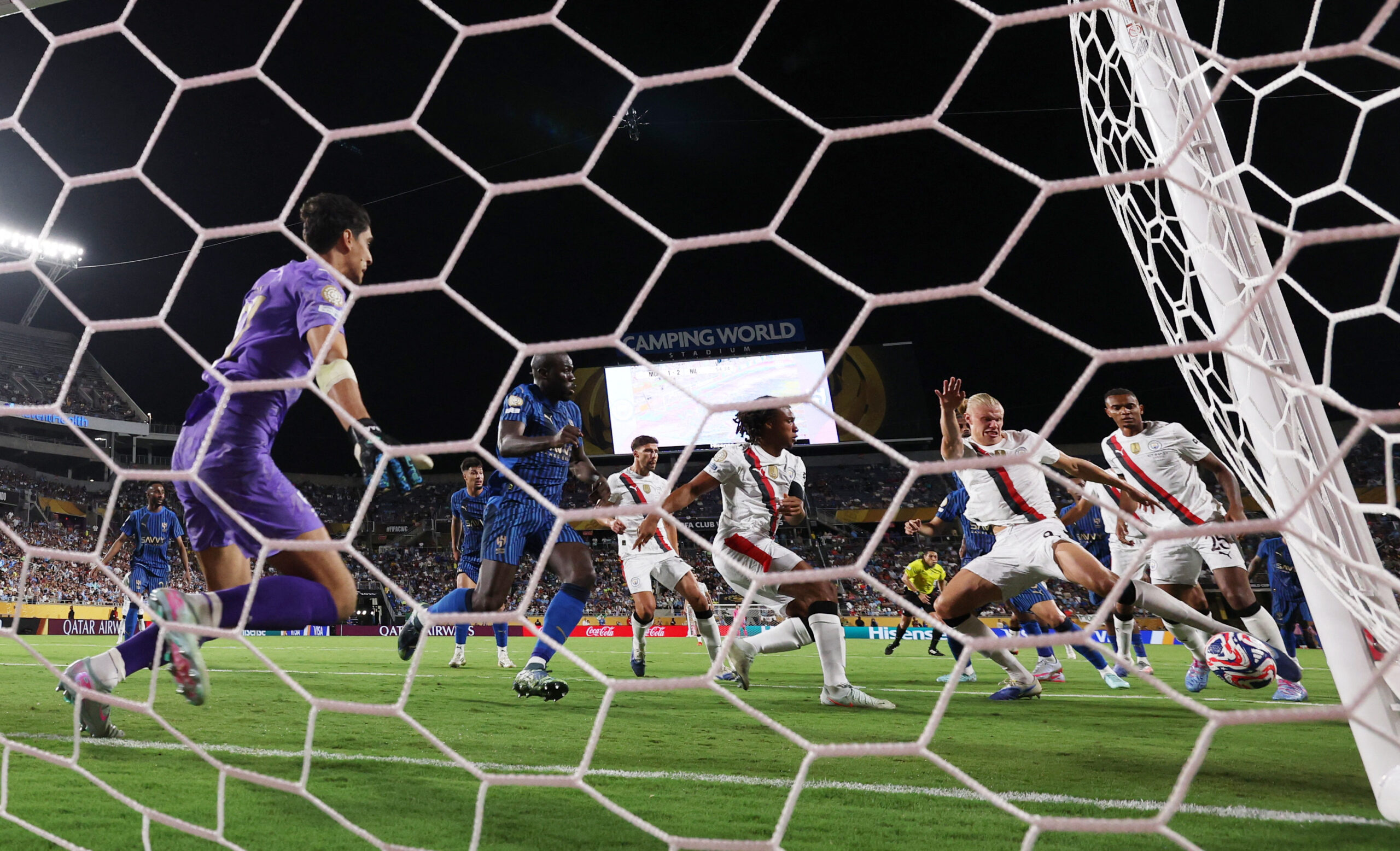 [Subscription Customers Only] Jun 30, 2025; Orlando, Florida, USA; Manchester City forward Erling Haaland (9) scores their second goal  during a round of 16 match of the 2025 FIFA Club World Cup at Camping World Stadium. Mandatory Credit: Lee Smith-Reuters via Imagn Images