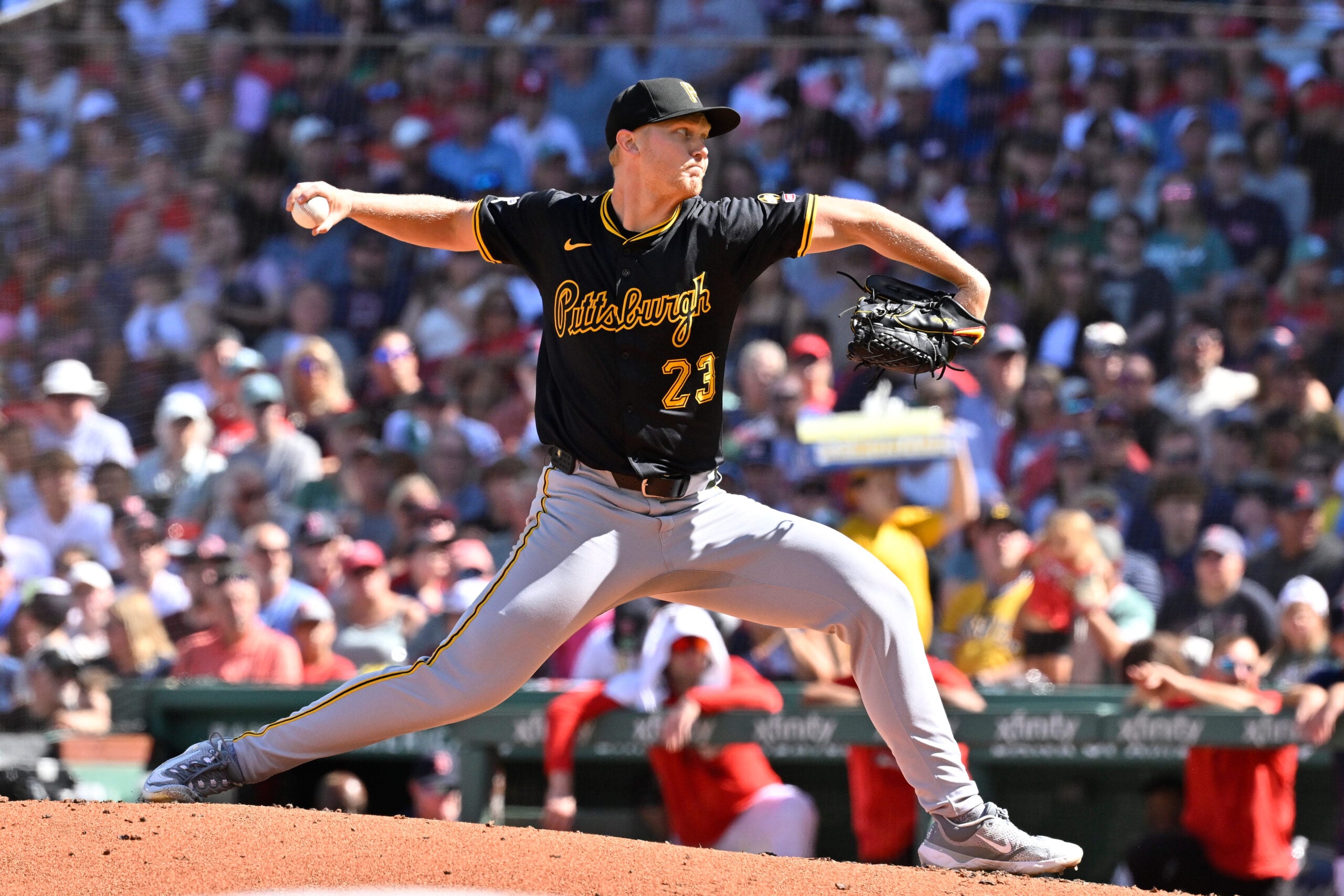 Aug 31, 2025; Boston, Massachusetts, USA; Pittsburgh Pirates starting pitcher Mitch Keller (23) pitches against the Boston Red Sox during the fourth inning at Fenway Park. Mandatory Credit: Eric Canha-Imagn Images