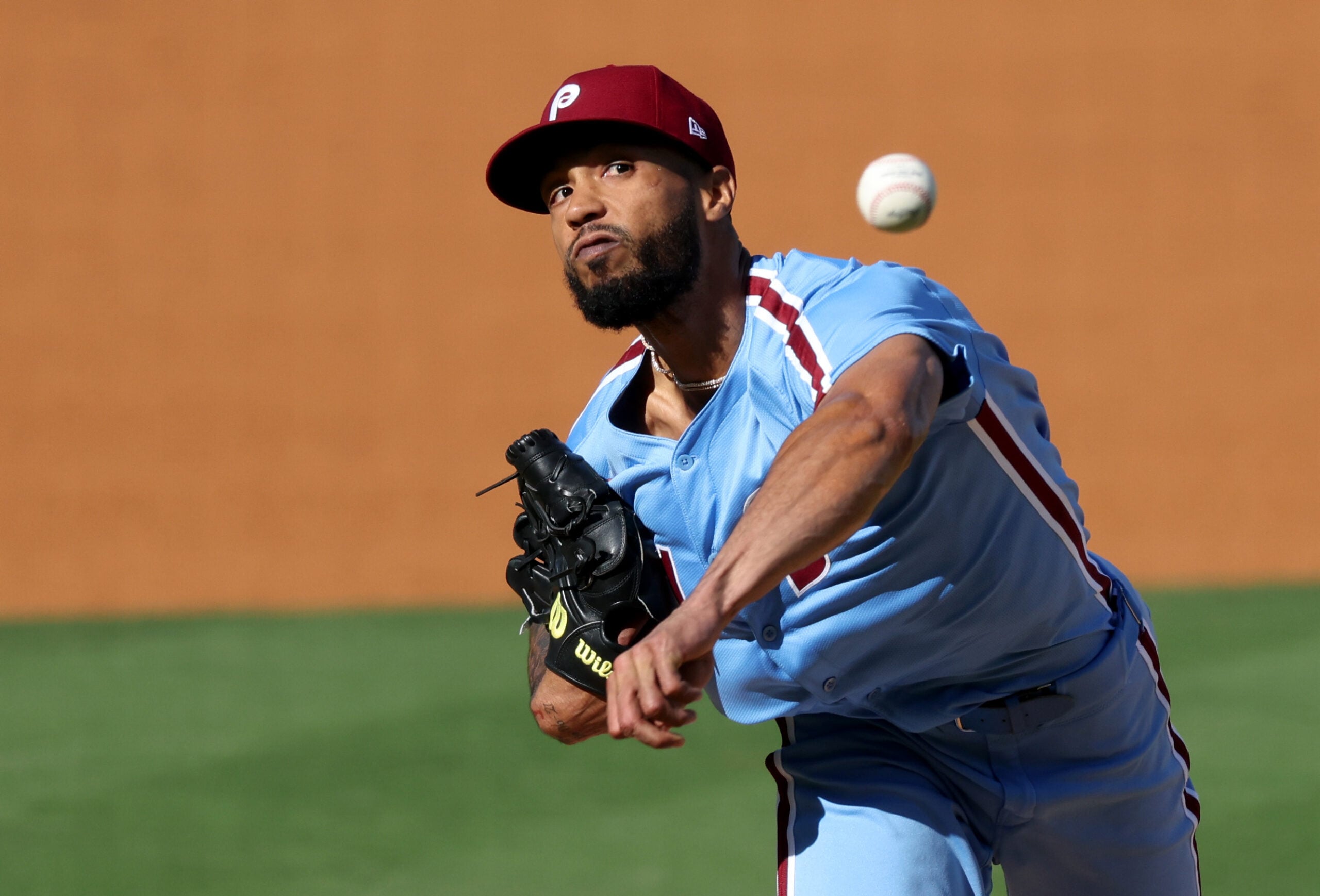 Oct 9, 2025; Los Angeles, California, USA; Philadelphia Phillies pitcher Cristopher Sanchez (61) throws in the second inning against the Los Angeles Dodgers during game four of the NLDS round for the 2025 MLB playoffs at Dodger Stadium. Mandatory Credit: Kiyoshi Mio-Imagn Images