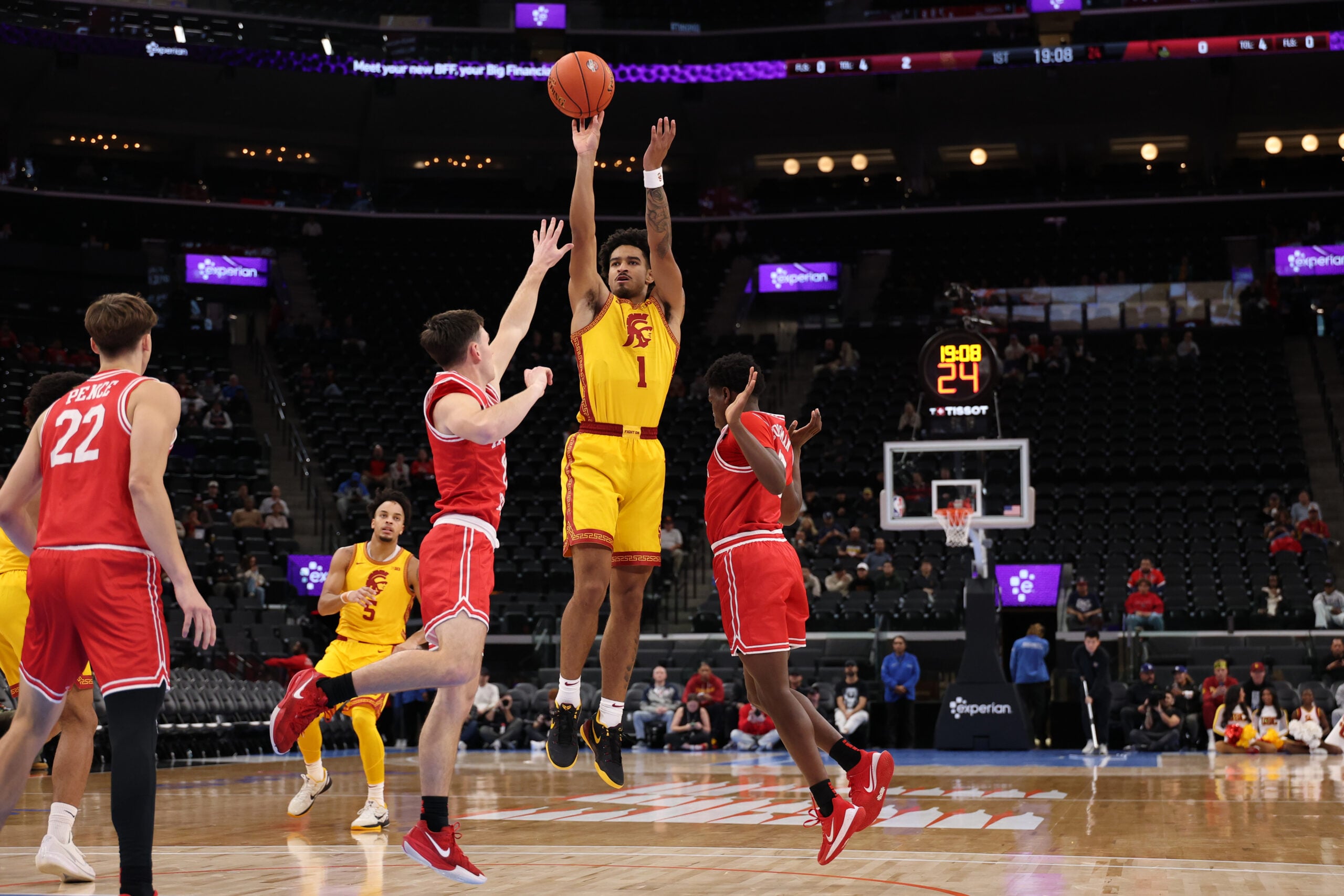 Nov 14, 2025; Inglewood, California, USA;  Southern California Trojans guard Rodney Rice (1) shoots a jump shot during the first half of the Hall of Fame Series game against the Illinois State Redbirds at Intuit Dome. Mandatory Credit: Kiyoshi Mio-Imagn Images