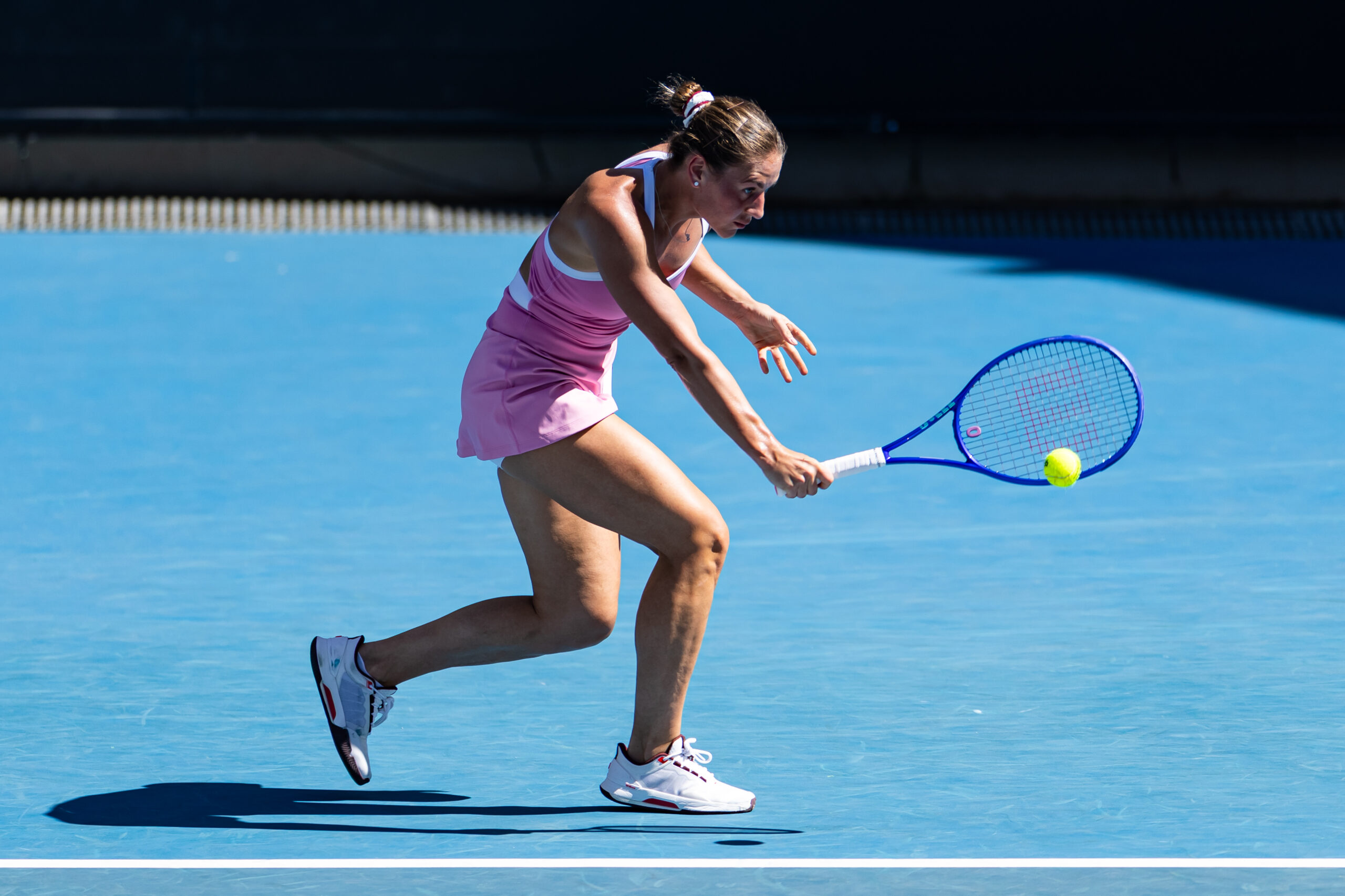 Jan 18, 2026; Melbourne, Victoria, Australia; Marta Kostyuk of Ukraine in action against Elsa Jacquemot of France in the first round of the women’s singles at the Australian Open at ANZ Arena in Melbourne Park. Mandatory Credit: Mike Frey-Imagn Images