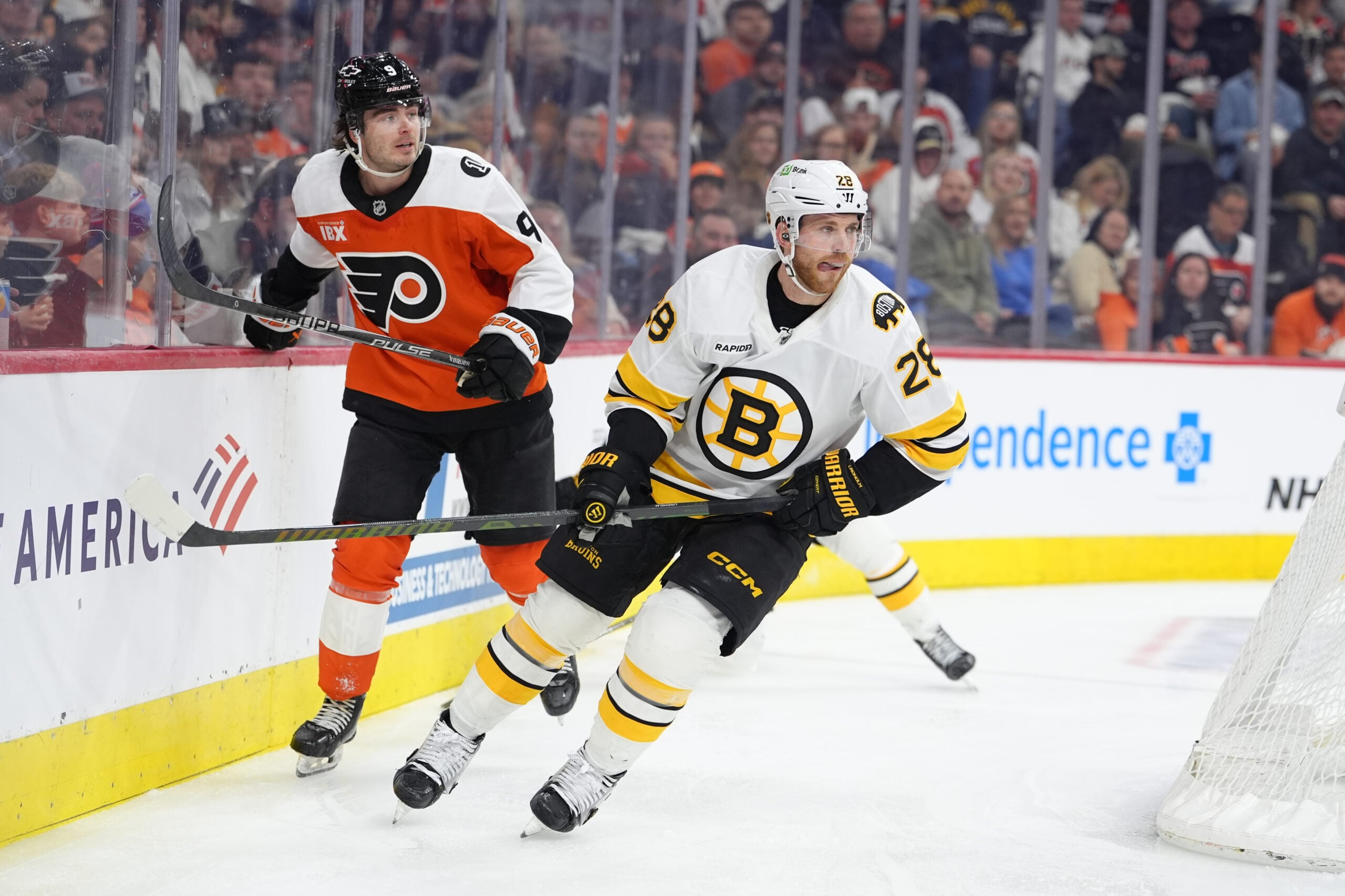 Feb 28, 2026; Philadelphia, Pennsylvania, USA; Boston Bruins center Elias Lindholm (28) in action against the Philadelphia Flyers in the second period at Xfinity Mobile Arena. Mandatory Credit: Kyle Ross-Imagn Images