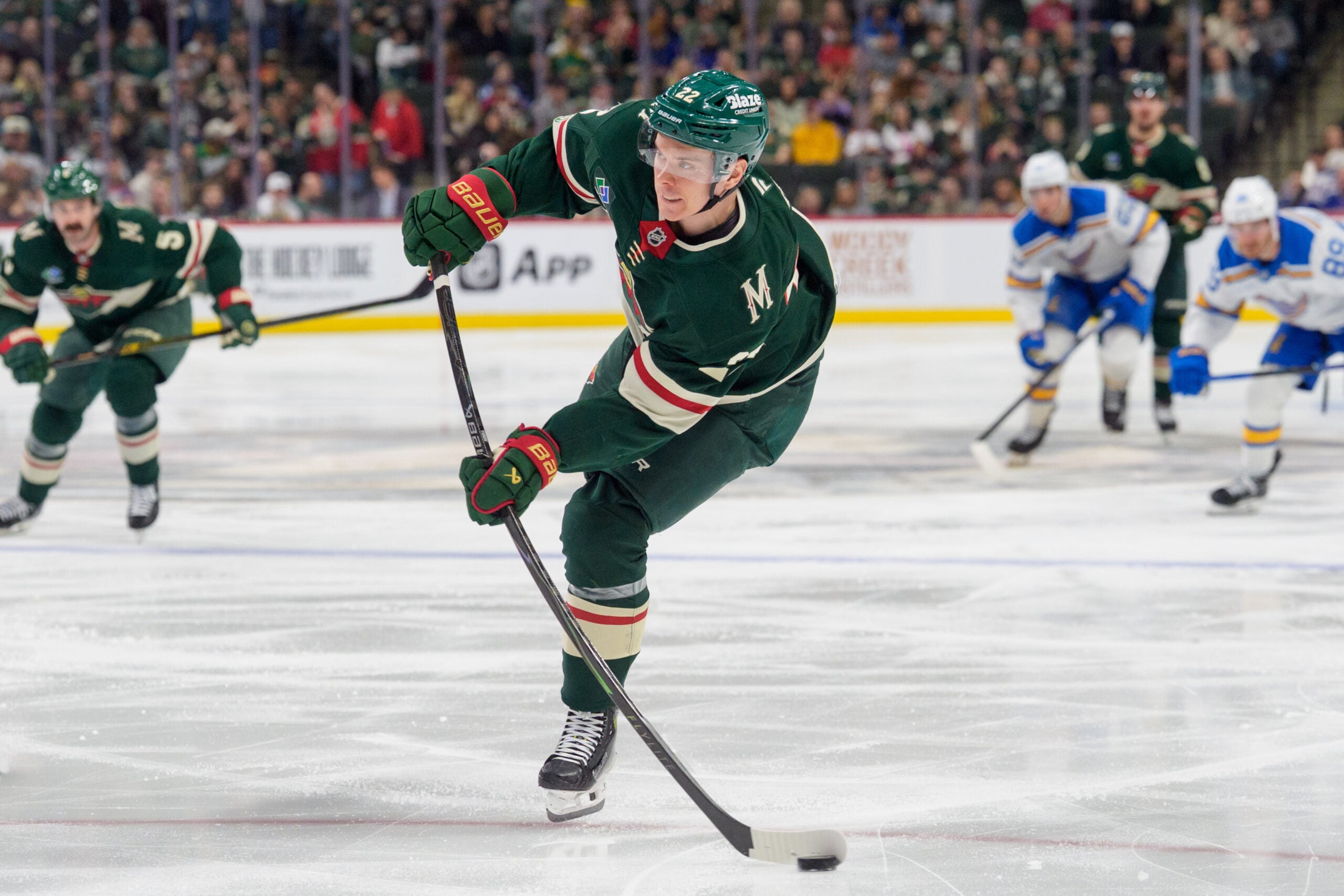 Mar 1, 2026; Saint Paul, Minnesota, USA; Minnesota Wild right wing Danila Yurov (22) shoots on the St. Louis Blues in the second period at Grand Casino Arena. Mandatory Credit: Matt Blewett-Imagn Images