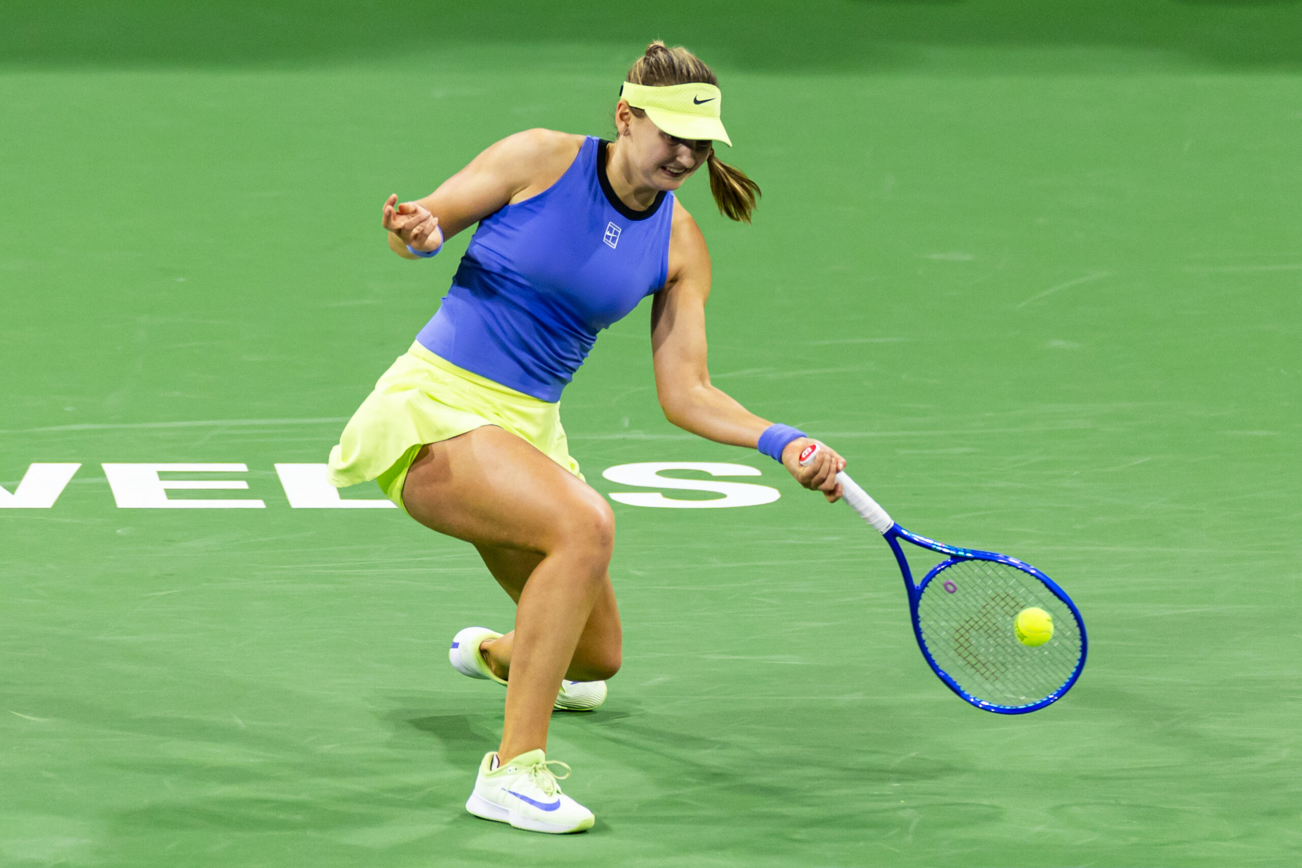 Mar 6, 2026; Indian Wells, CA, USA; Victoria Jimenez Kasintseva of Andorra in action against Naomi Osaka of Japan in the second round of the women’s singles at the BNP Paribas Open at the Indian Wells Tennis Garden. Mandatory Credit: Mike Frey-Imagn Images