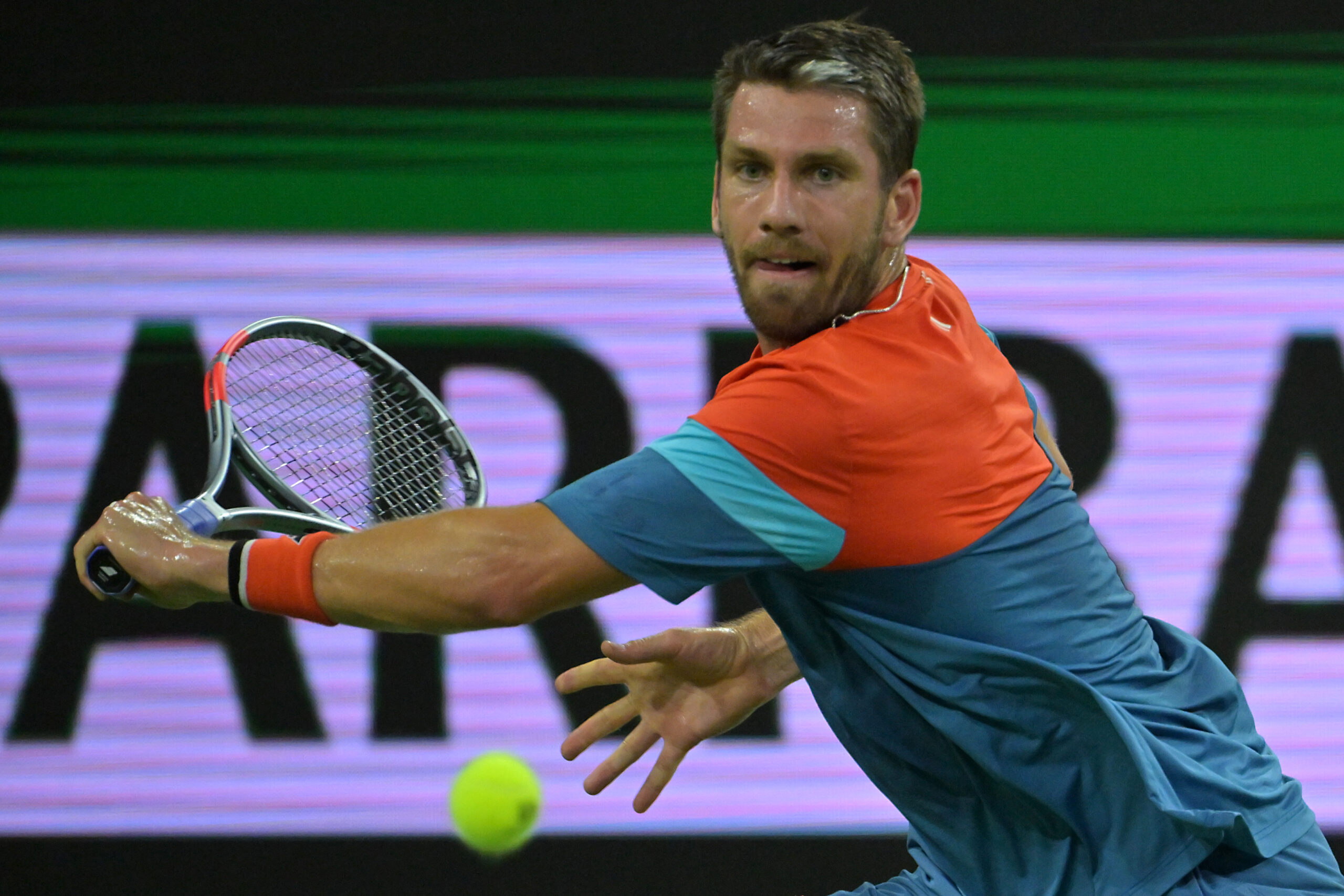 Mar 12, 2026; Indian Wells, CA, USA; Cameron Norrie (GBR) hits a shot during his quarterfinal match Carlos Alcaraz (ESP) in the BNP Paribas Open at the Indian Wells Tennis Garden. Mandatory Credit: Jayne Kamin-Oncea-Imagn Images
