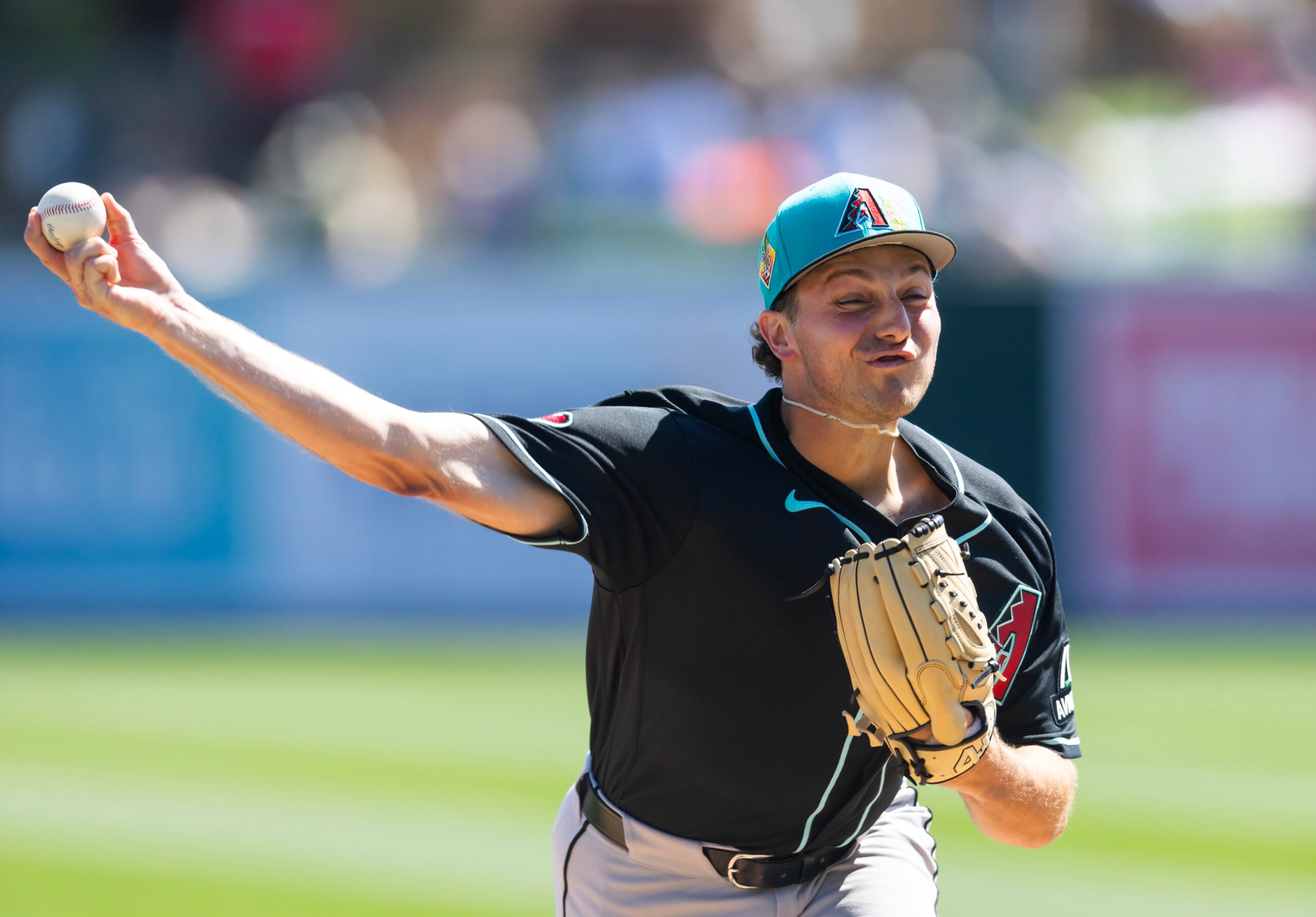 Mar 10, 2026; Phoenix, Arizona, USA; Arizona Diamondbacks pitcher Brandon Pfaadt against the Los Angeles Dodgers during a spring training game at Camelback Ranch-Glendale. Mandatory Credit: Mark J. Rebilas-Imagn Images