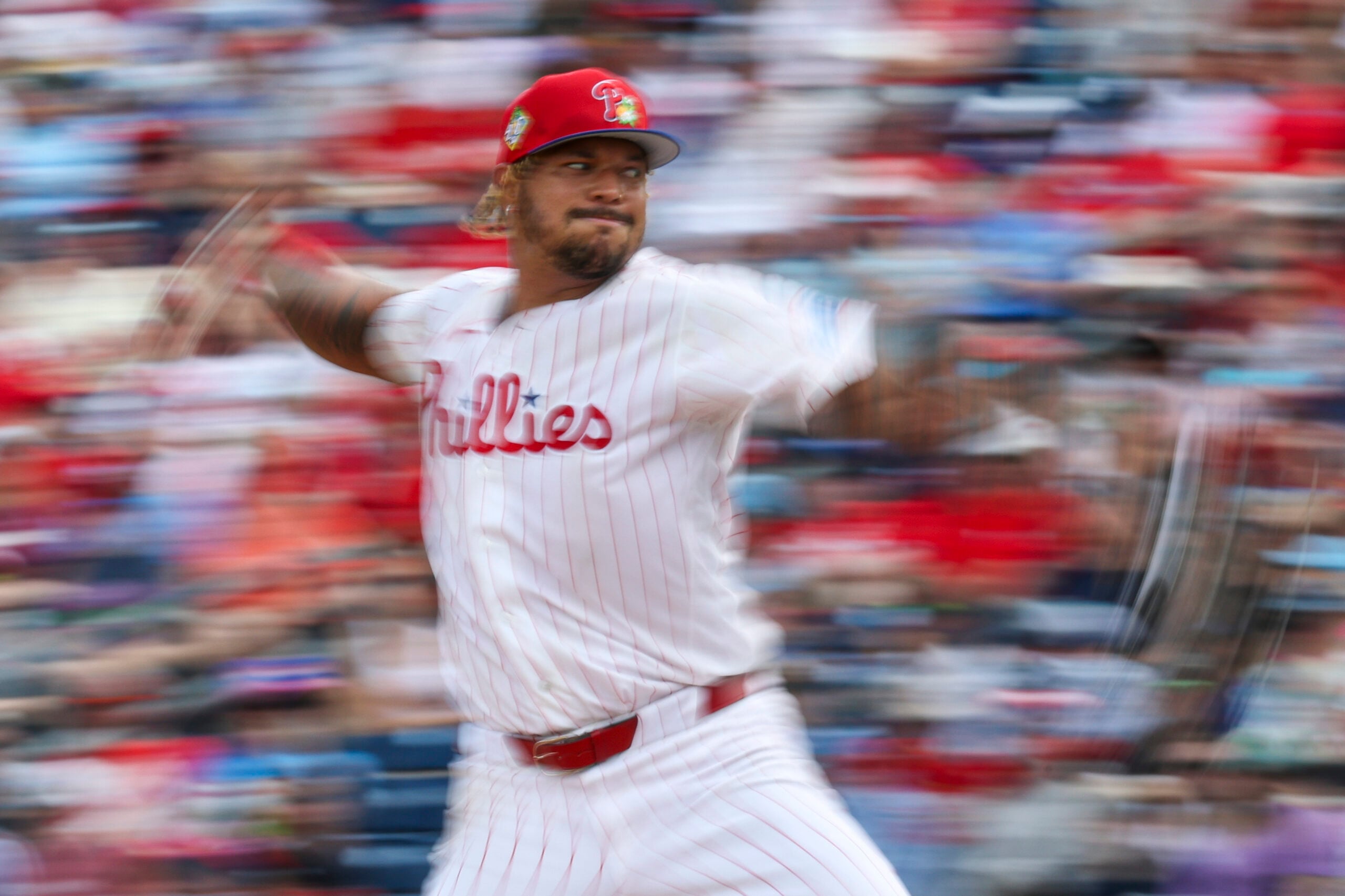 Mar 15, 2026; Clearwater, Florida, USA; Philadelphia Phillies starting pitcher Taijuan Walker (99) throws a pitch Atlanta Braves in the fourth inning during spring training at BayCare Ballpark. Mandatory Credit: Nathan Ray Seebeck-Imagn Images