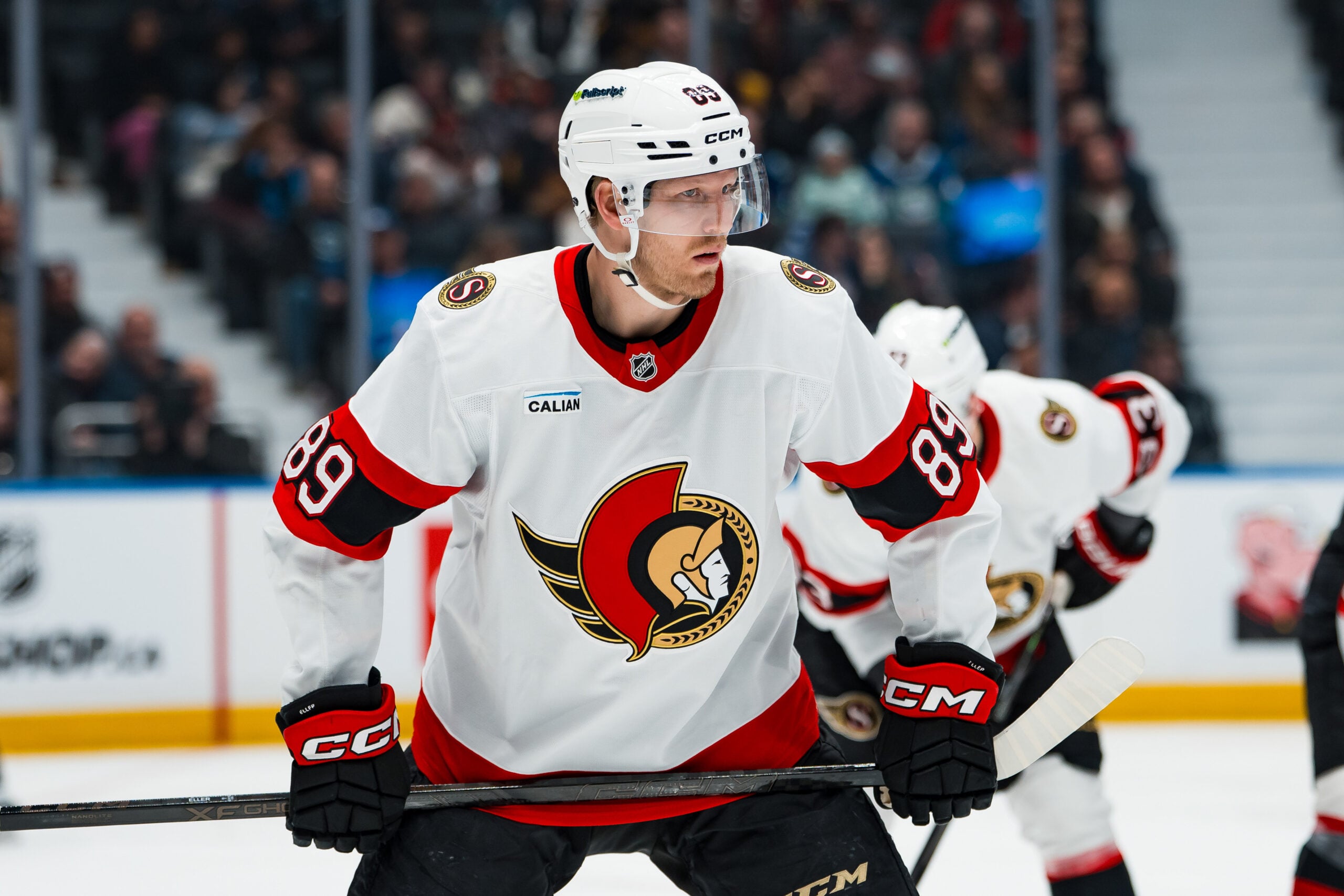 Mar 9, 2026; Vancouver, British Columbia, CAN; Ottawa Senators forward Lars Eller (89) during a stop in play against the Vancouver Canucks in the second period at Rogers Arena. Mandatory Credit: Bob Frid-Imagn Images