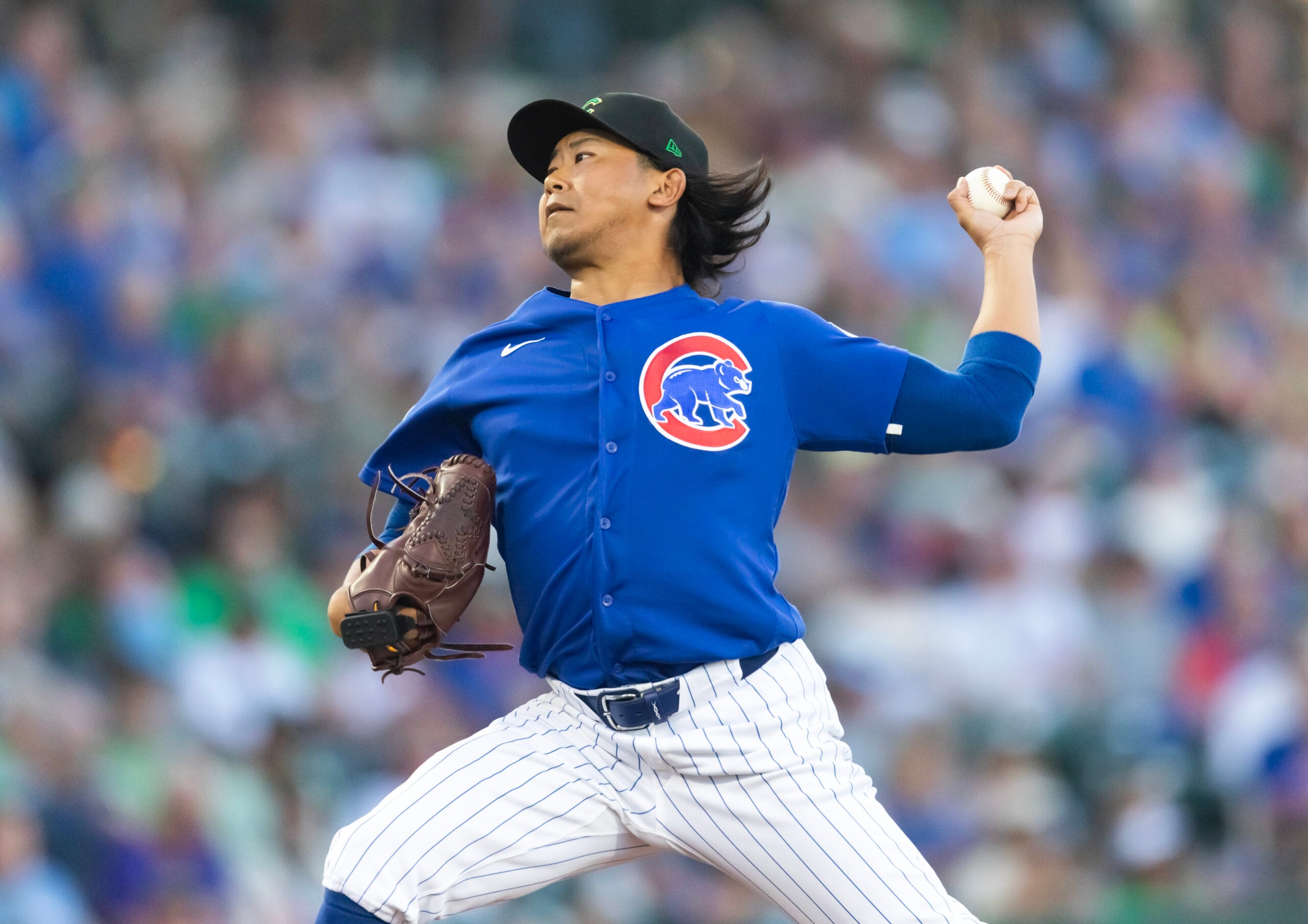 Mar 17, 2026; Mesa, Arizona, USA; Chicago Cubs pitcher Shota Imanaga against the Los Angeles Angels during a spring training game at Sloan Park. Mandatory Credit: Mark J. Rebilas-Imagn Images