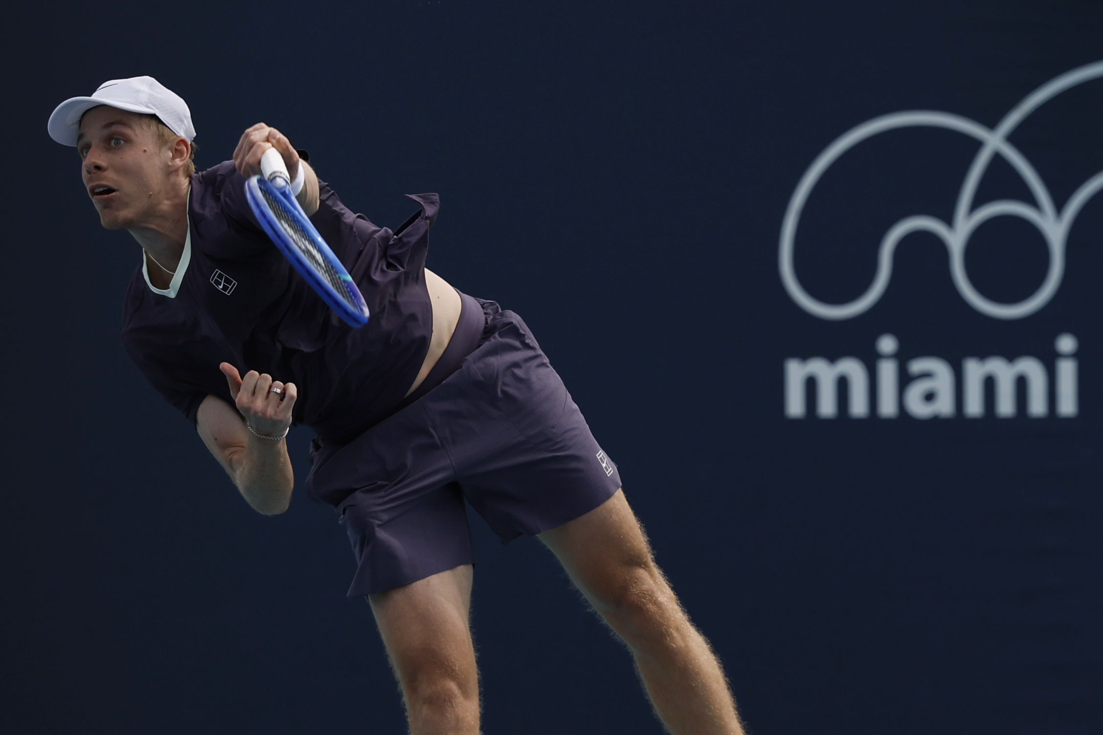 Mar 19, 2026; Miami Gardens, FL, USA; Denis Shapovalov (CAN) serves against Botic van de Zandschulp (NED) (not pictured) on day three of the 2026 Miami Open at Hard Rock Stadium. Mandatory Credit: Geoff Burke-Imagn Images