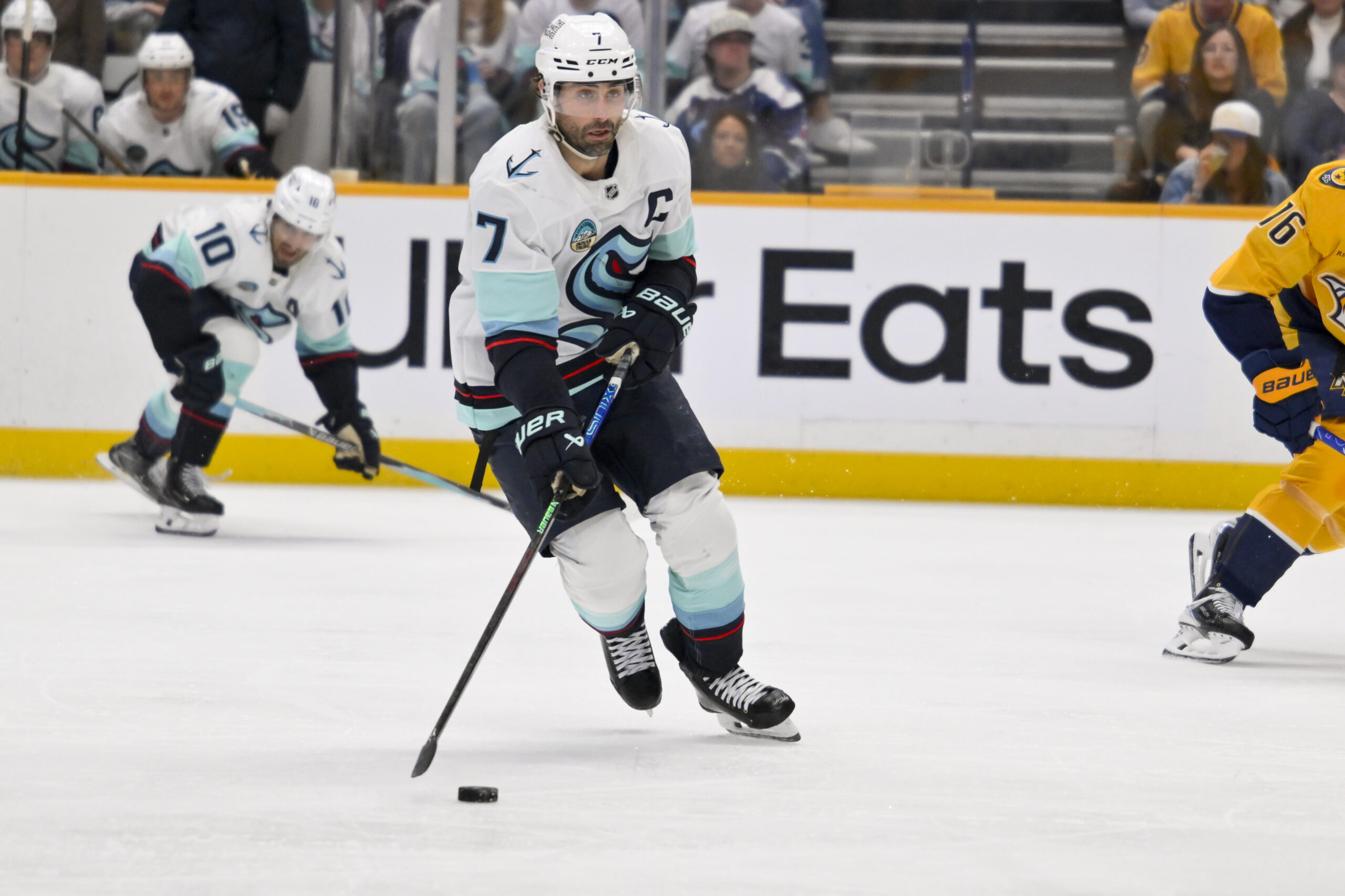 Mar 19, 2026; Nashville, Tennessee, USA;  Seattle Kraken right wing Jordan Eberle (7) skates with the puck against the Nashville Predators during the second period at Bridgestone Arena. Mandatory Credit: Steve Roberts-Imagn Images