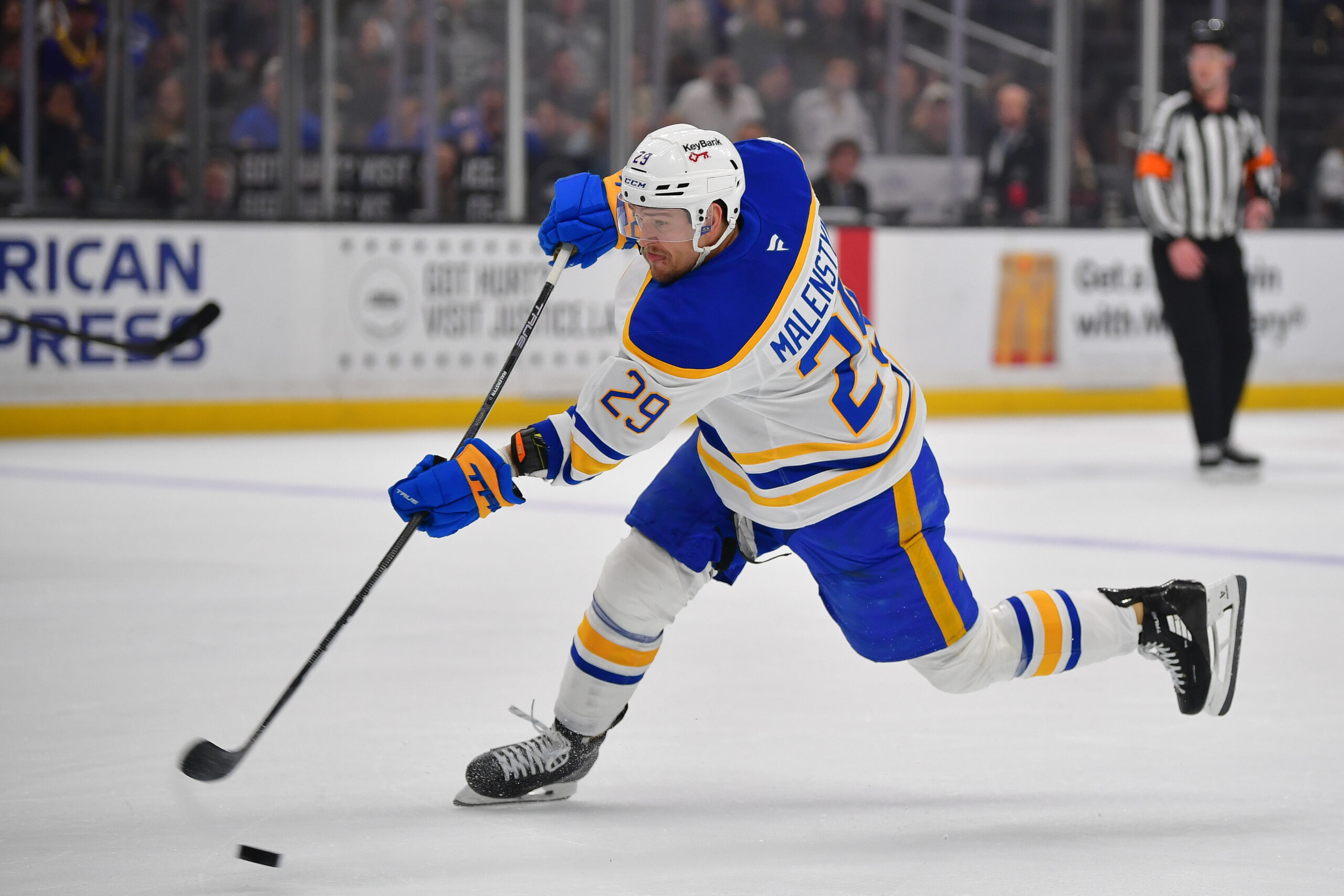 Mar 21, 2026; Los Angeles, California, USA; Buffalo Sabres left wing Beck Malenstyn (29) shoots on goal against the Los Angeles Kings during the first period at Crypto.com Arena. Mandatory Credit: Gary A. Vasquez-Imagn Images