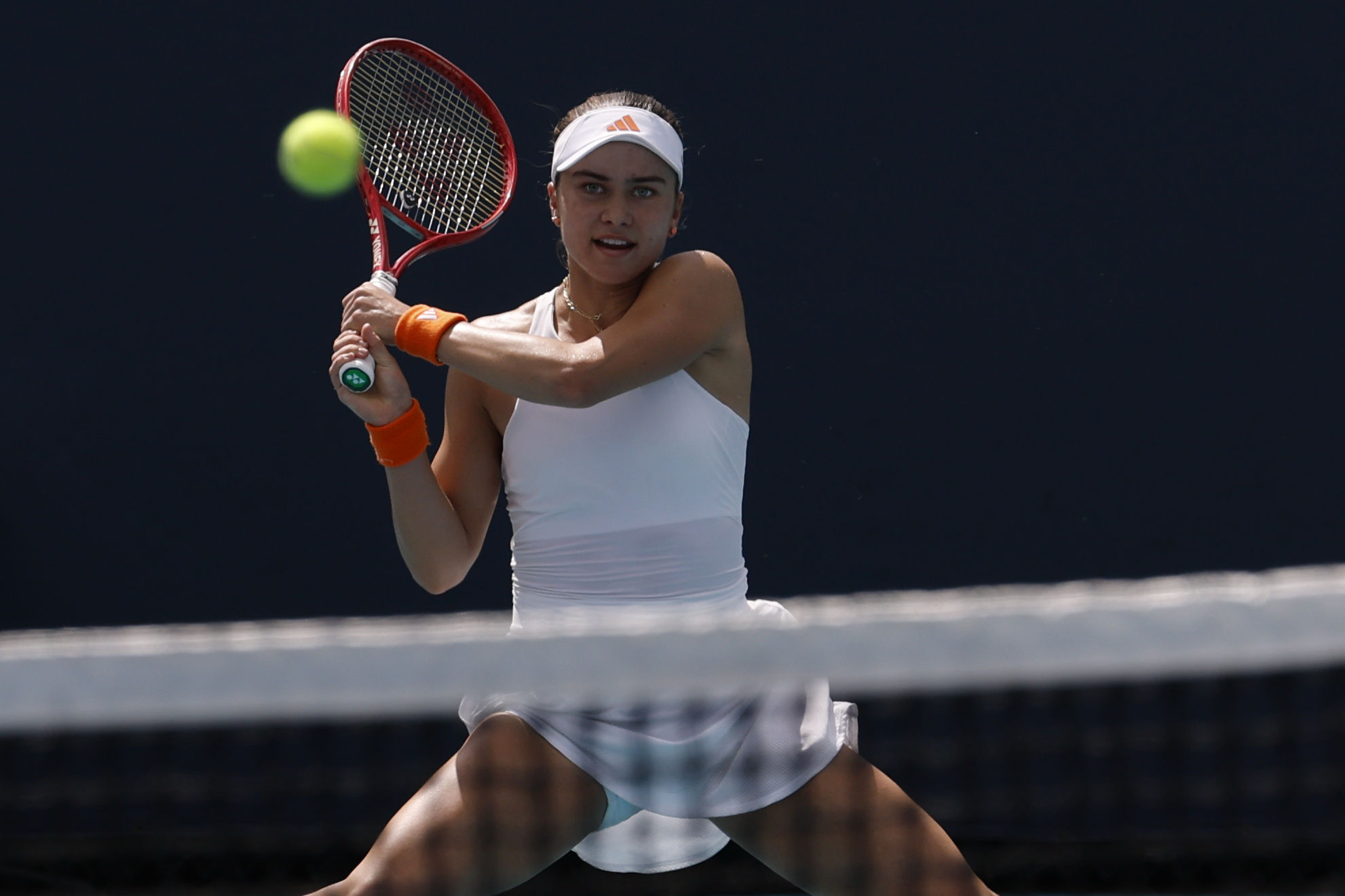 Mar 21, 2026; Miami Gardens, FL, USA; Iva Jovic (USA) hits a backhand against Paula Badosa (ESP)(not pictured) on day five of the 2026 Miami Open at Hard Rock Stadium. Mandatory Credit: Geoff Burke-Imagn Images