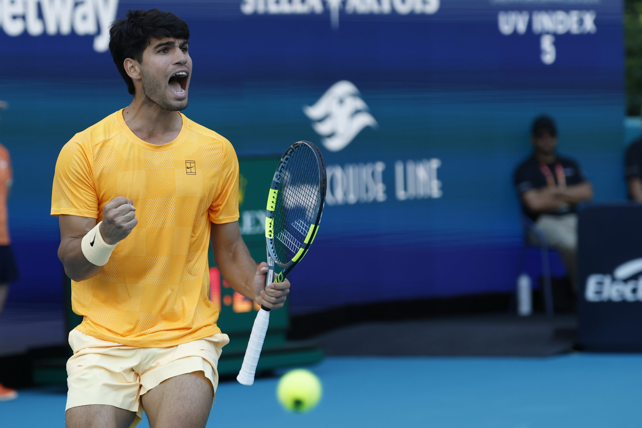 Mar 22, 2026; Miami Gardens, FL, USA; Carlos Alcaraz (ESP) reacts after winning a game against Sebastian Korda (USA) (not pictured) on day six of the 2026 Miami Open at Hard Rock Stadium. Mandatory Credit: Geoff Burke-Imagn Images