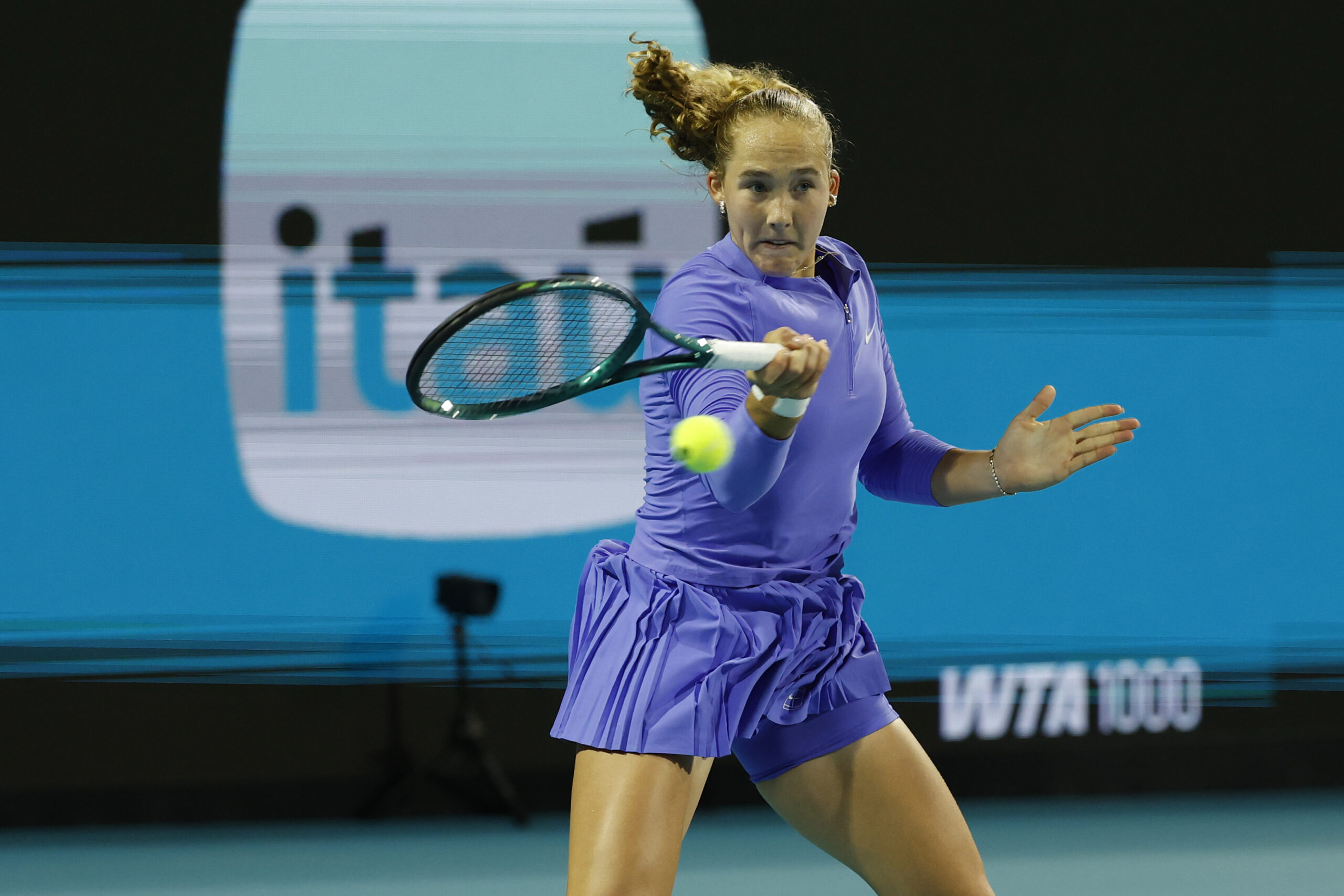 Mar 19, 2026; Miami Gardens, FL, USA; Mirra Andreeva hits a forehand against McCartney Kessler (USA) (not pictured) on day 3 of the 2026 Miami Open at Hard Rock Stadium. Mandatory Credit: Geoff Burke-Imagn Images