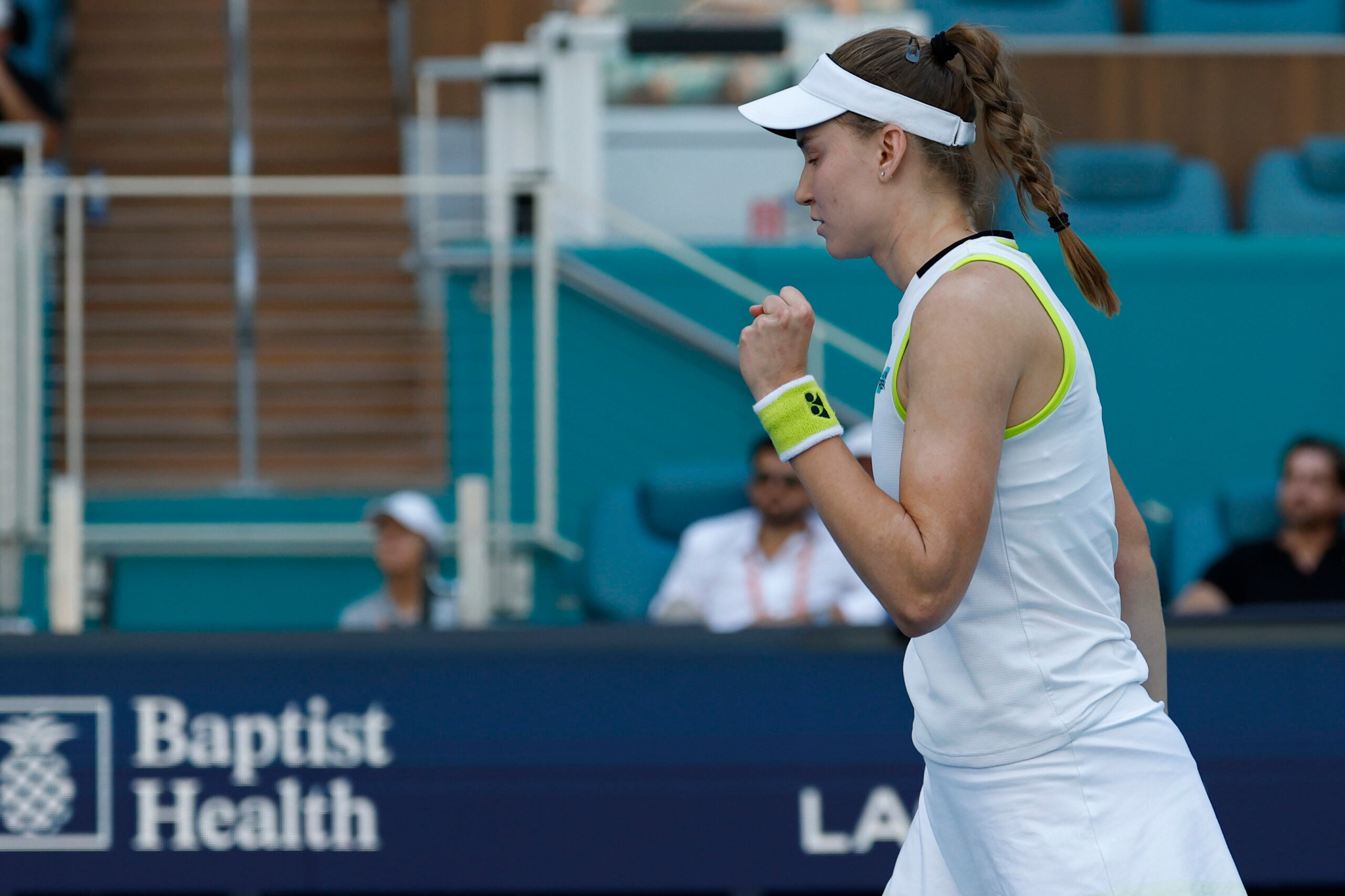 Mar 25, 2026; Miami Gardens, FL, USA; Elena Rybakina (KAZ) celebrates after match point against Jessica Pegula (USA) (not pictured) on day nine of the 2026 Miami Open at Hard Rock Stadium. Mandatory Credit: Geoff Burke-Imagn Images