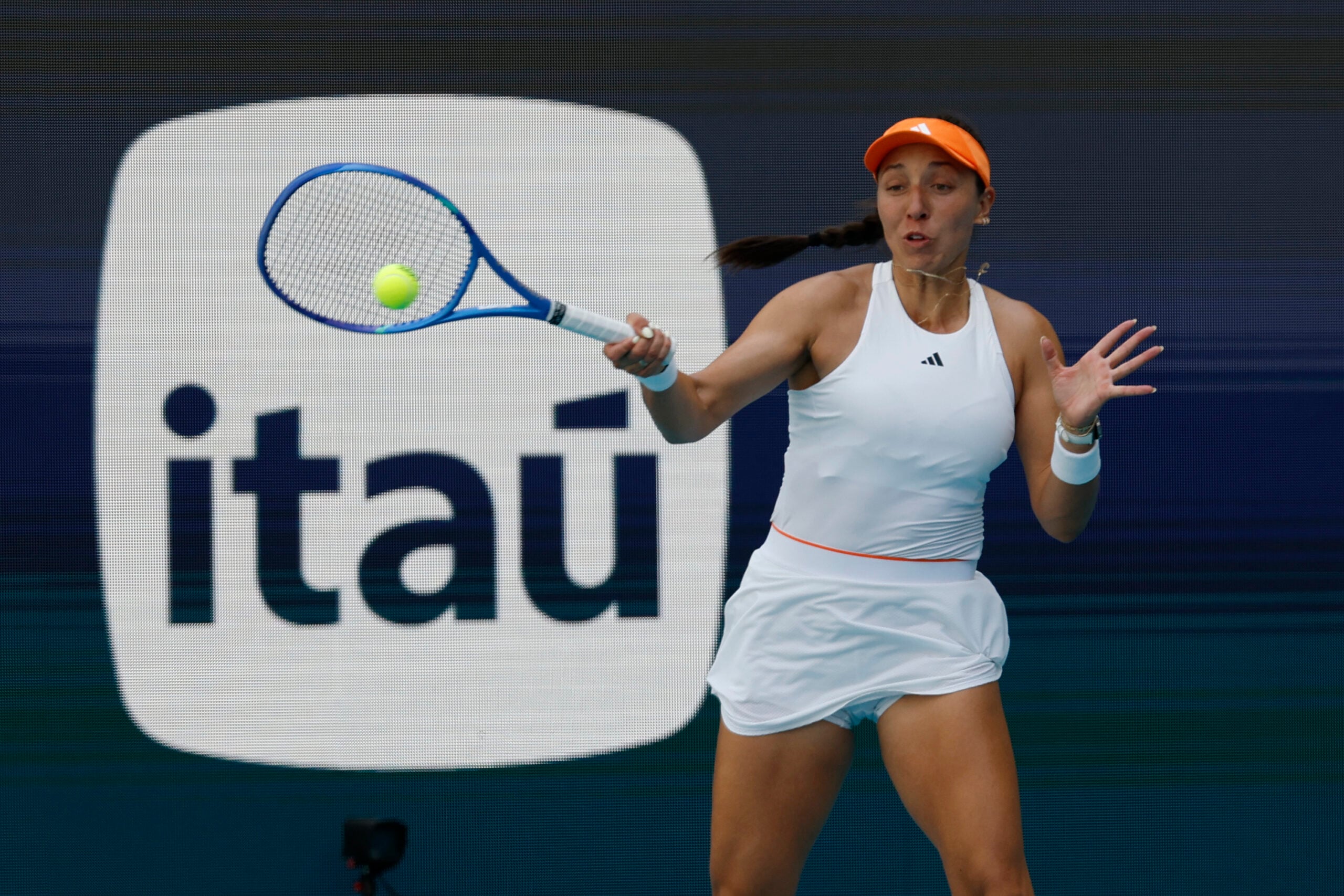 Mar 25, 2026; Miami Gardens, FL, USA; Jessica Pegula (USA) hits a forehand against Elena Rybakina (KAZ) (not pictured) on day nine of the 2026 Miami Open at Hard Rock Stadium. Mandatory Credit: Geoff Burke-Imagn Images