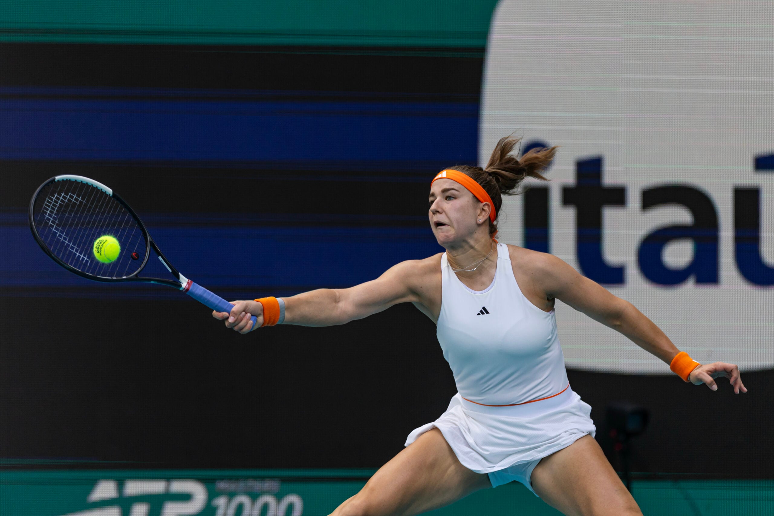 Mar 26, 2026; Miami Gardens, FL, USA; Karolina Muchova of the Czech Republic hits a shot against Coco Gauff of the United States in the semi-finals of the women’s singles at the Miami Open at the Hard Rock Stadium. Mandatory Credit: Mike Frey-Imagn Images