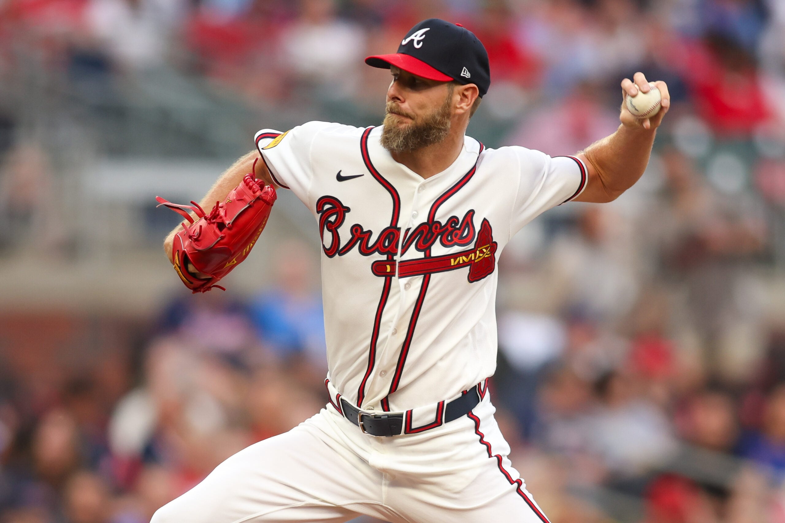 Mar 27, 2026; Atlanta, Georgia, USA; Atlanta Braves pitcher Chris Sale (51) throws against the Kansas City Royals in the first inning at Truist Park. Mandatory Credit: Brett Davis-Imagn Images