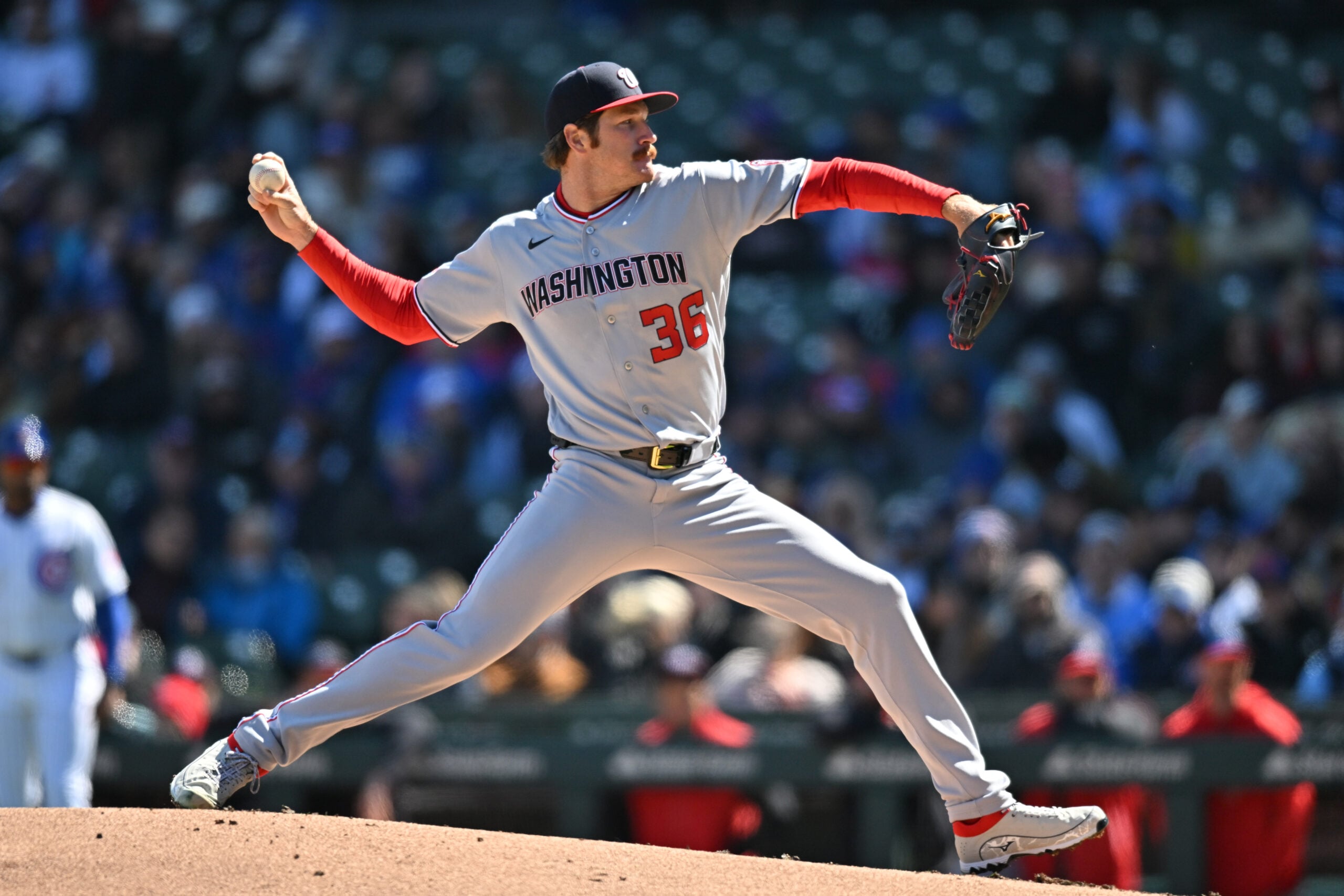 Mar 28, 2026; Chicago, Illinois, USA; Washington Nationals pitcher Miles Mikolas (36) pitches against the Chicago Cubs during the first inning at Wrigley Field. Mandatory Credit: Patrick Gorski-Imagn Images