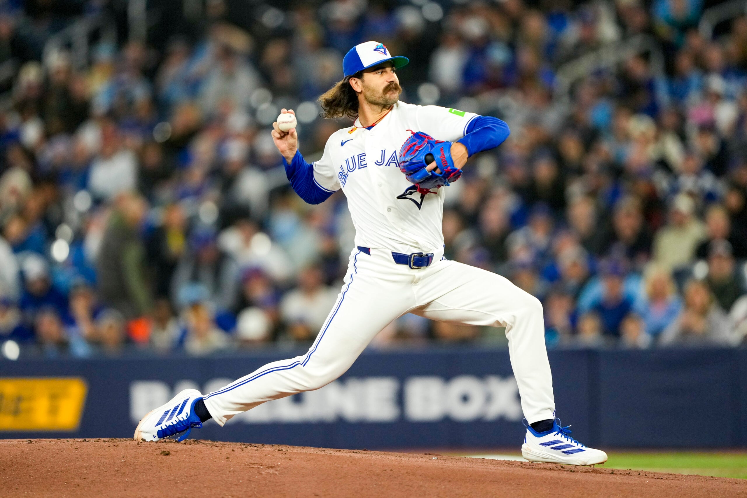 Mar 28, 2026; Toronto, Ontario, CAN;  Toronto Blue Jays pitcher Dylan Cease (84) pitches to the Athletics during the first inning at Rogers Centre. Mandatory Credit: Kevin Sousa-Imagn Images