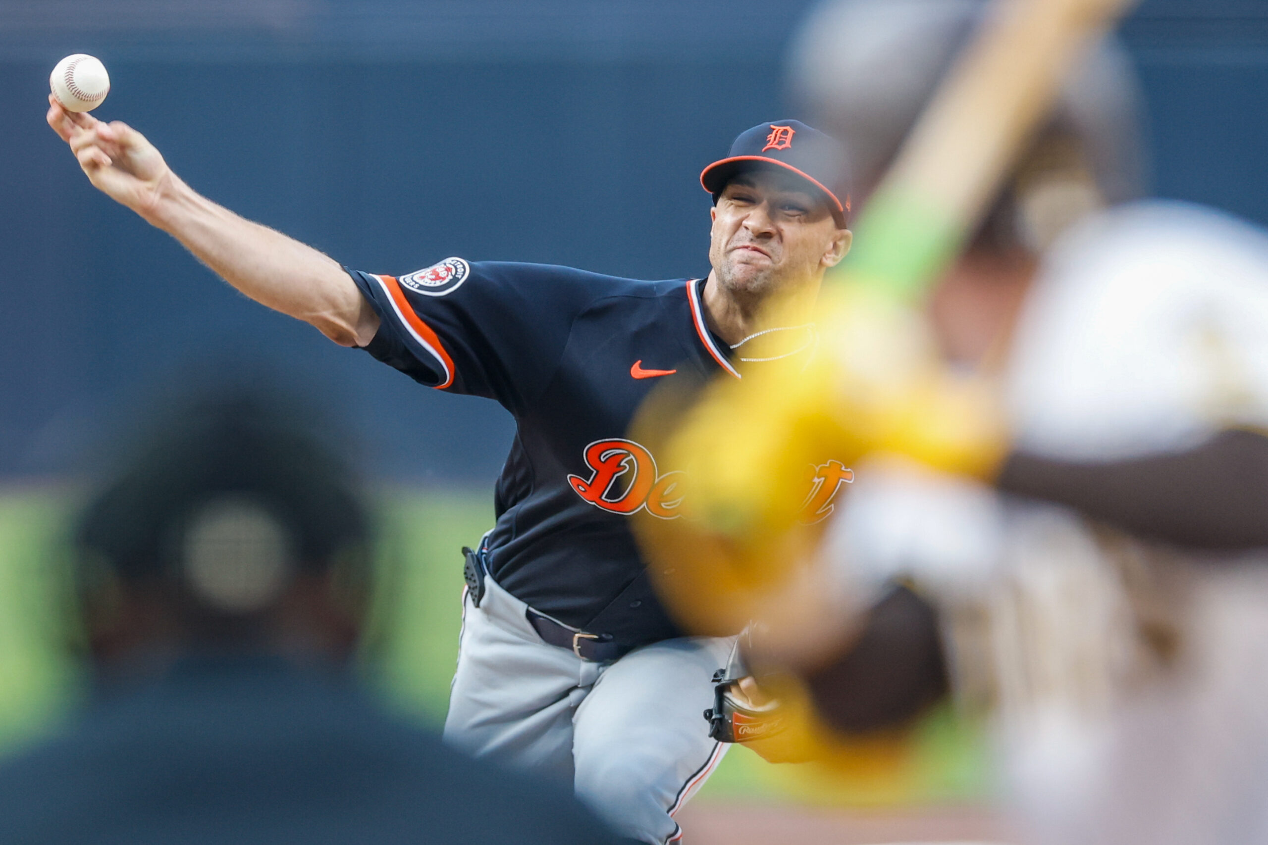 Mar 28, 2026; San Diego, California, USA; Detroit Tigers starting pitcher Jack Flaherty (9) throws a pitch during the first inning against the San Diego Padres at Petco Park. Mandatory Credit: David Frerker-Imagn Images