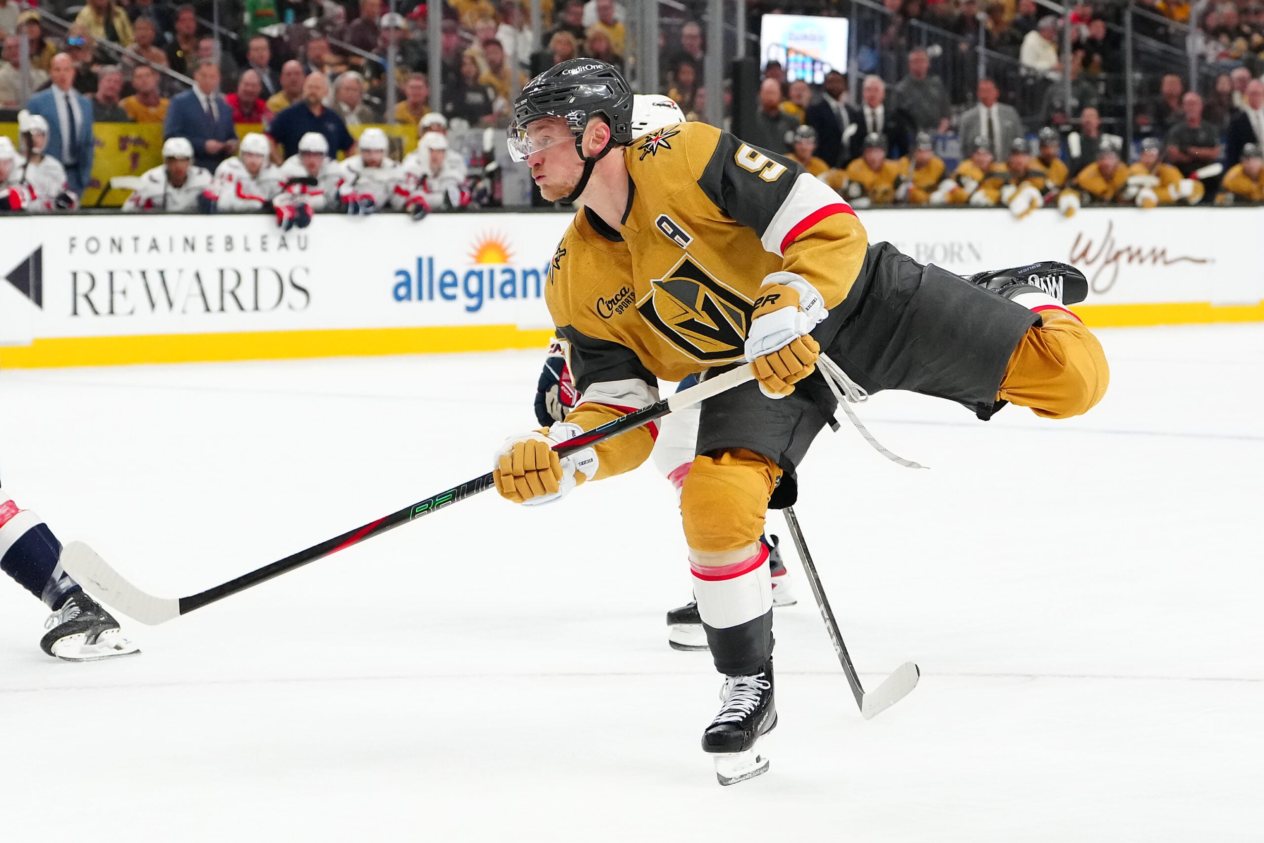 Mar 28, 2026; Las Vegas, Nevada, USA; Vegas Golden Knights center Jack Eichel (9) shoots against the Washington Capitals during the third period at T-Mobile Arena. Mandatory Credit: Stephen R. Sylvanie-Imagn Images