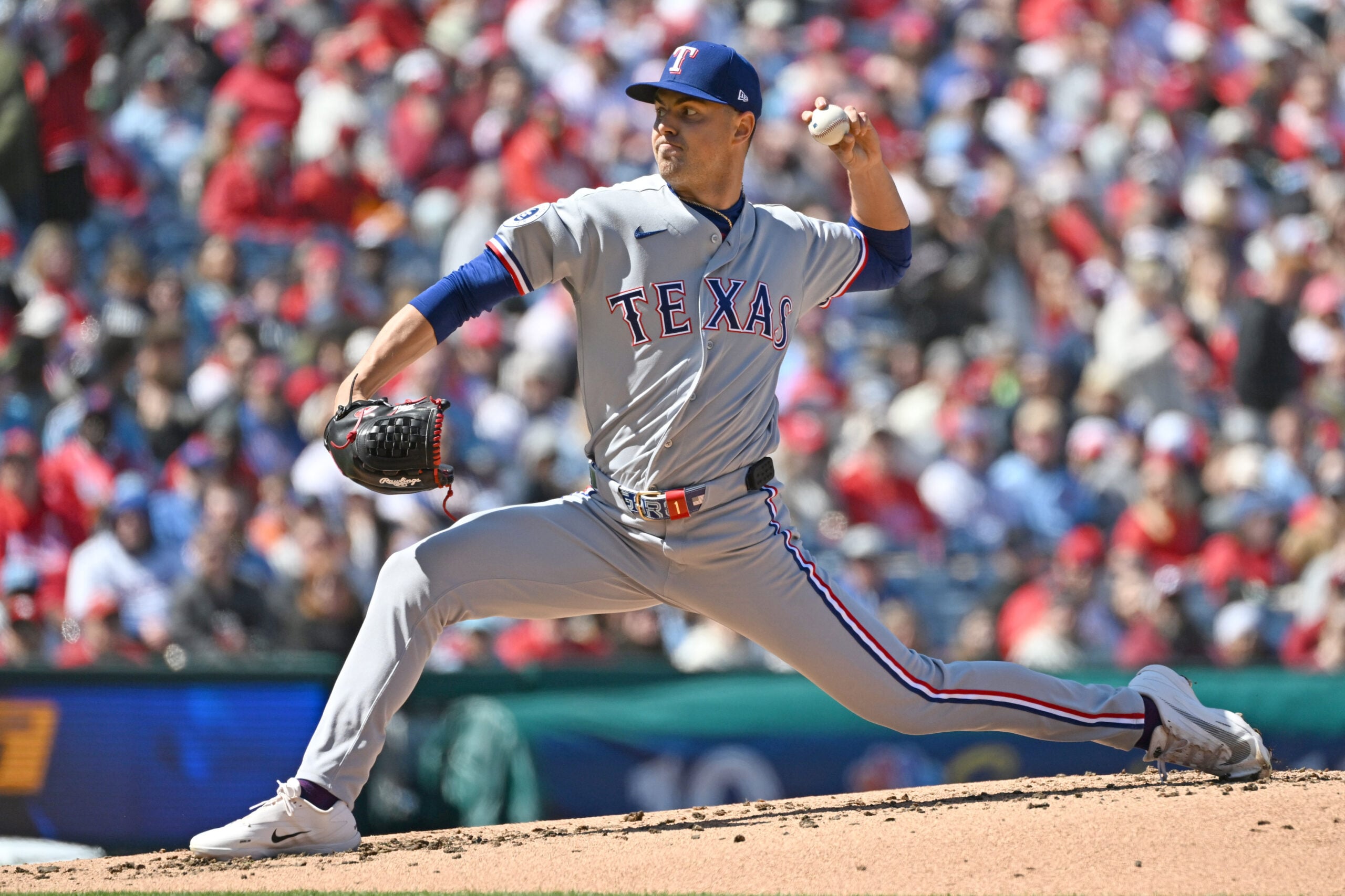 Mar 29, 2026; Philadelphia, Pennsylvania, USA; Texas Rangers pitcher MacKenzie Gore (1) throws a pitch against the Philadelphia Phillies during the second inning at Citizens Bank Park. Mandatory Credit: Eric Hartline-Imagn Images