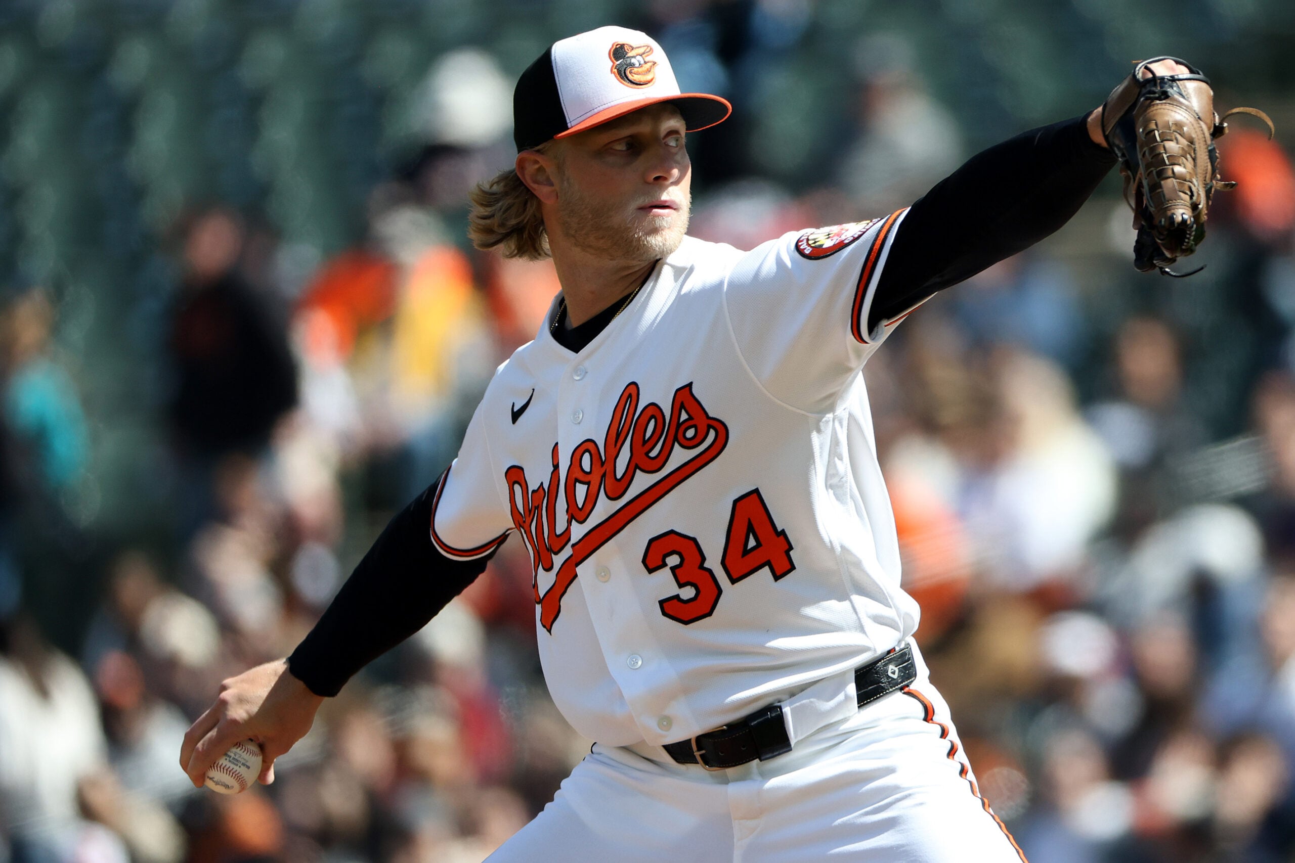 Mar 29, 2026; Baltimore, Maryland, USA; Baltimore Orioles pitcher Shane Baz (34) throws during the first inning against the Minnesota Twins at Oriole Park at Camden Yards. Mandatory Credit: Daniel Kucin Jr.-Imagn Images