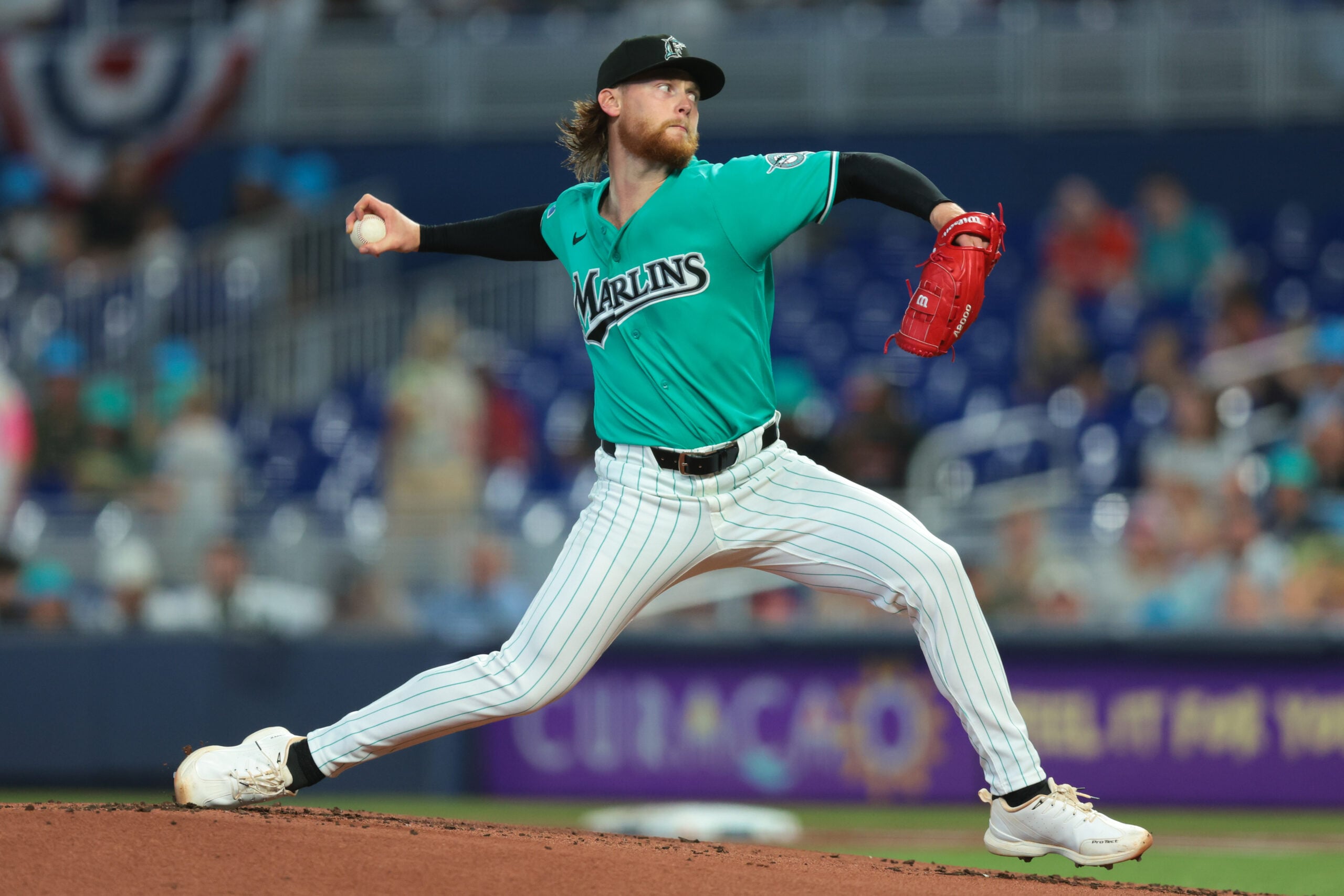 Mar 29, 2026; Miami, Florida, USA; Miami Marlins starting pitcher Max Meyer (23) delivers a pitch against the Colorado Rockies during the first inning at loanDepot Park. Mandatory Credit: Sam Navarro-Imagn Images