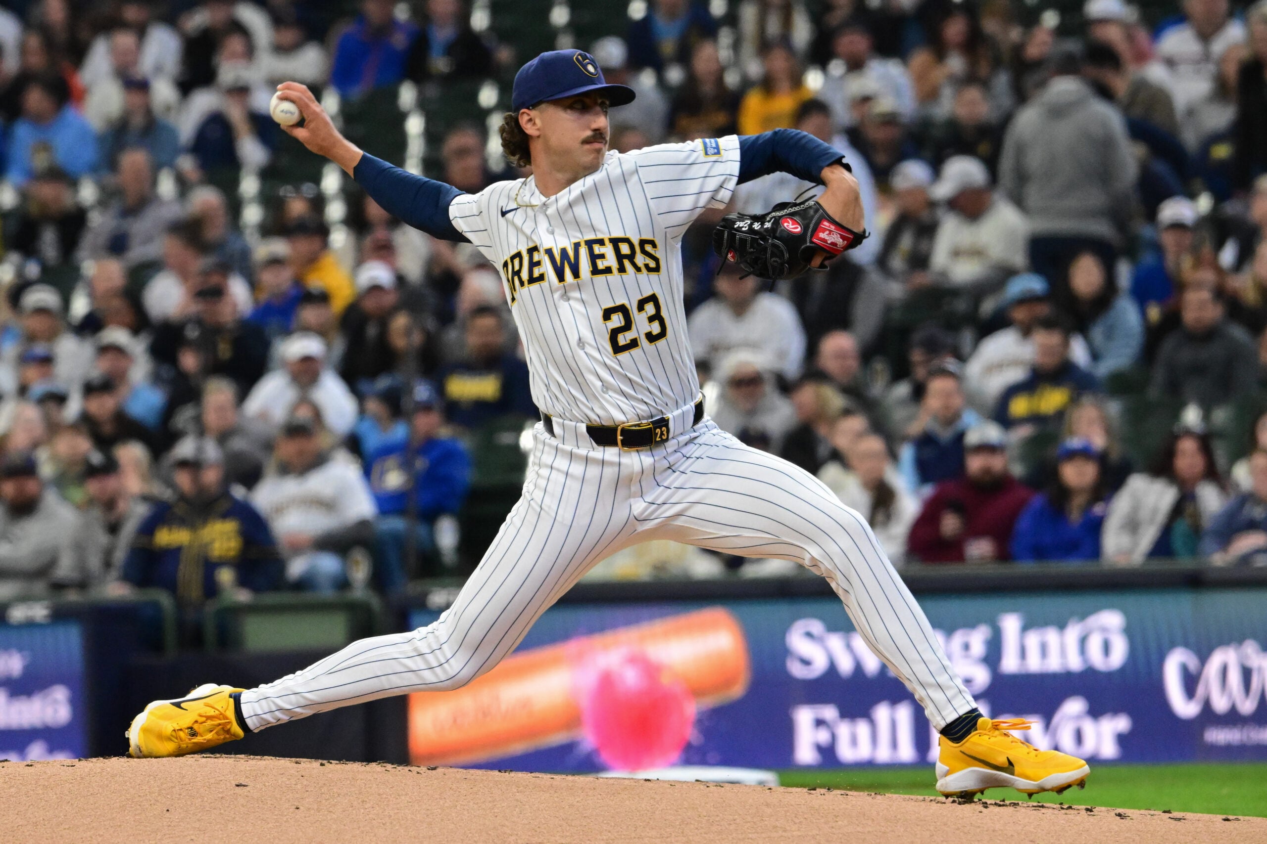 Mar 29, 2026; Milwaukee, Wisconsin, USA; Milwaukee Brewers starting pitcher Brandon Sproat (23) throws a pitch in the first inning against the Chicago White Sox at American Family Field. Mandatory Credit: Benny Sieu-Imagn Images