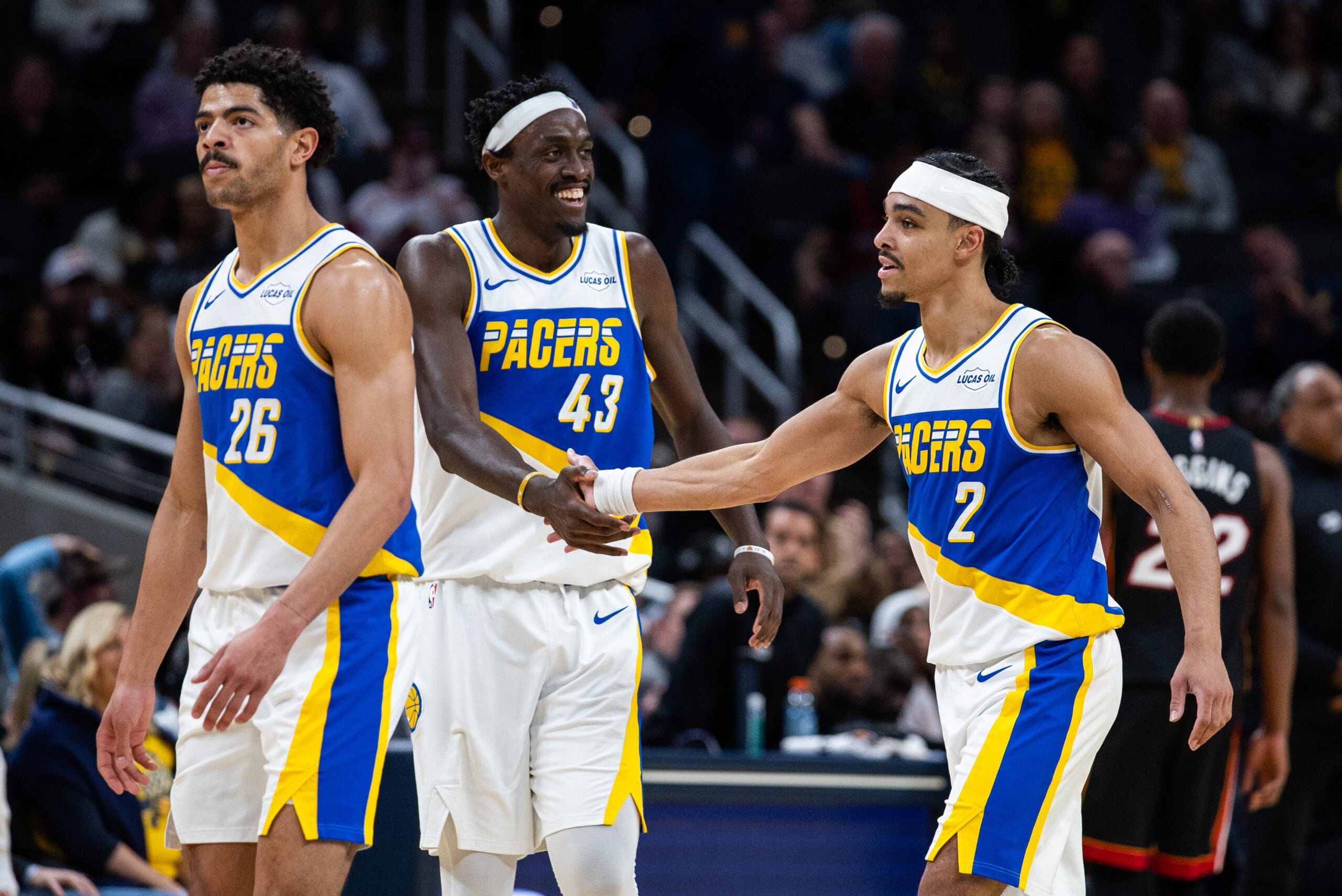 Mar 29, 2026; Indianapolis, Indiana, USA;  Indiana Pacers guard Andrew Nembhard (2) celebrates with forward Pascal Siakam (43) a made shot in the second half against the Miami Heat at Gainbridge Fieldhouse. Mandatory Credit: Trevor Ruszkowski-Imagn Images