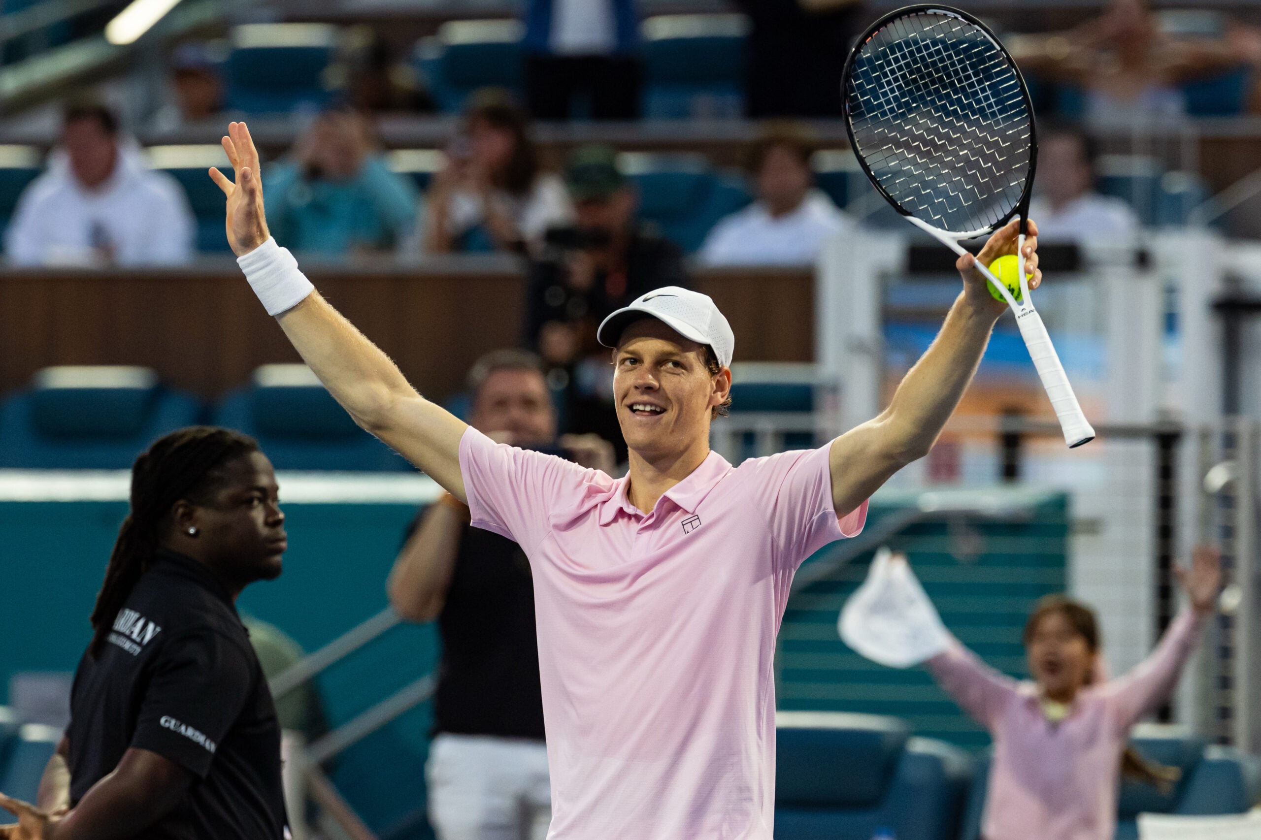 Mar 29, 2026; Miami Gardens, FL, USA; Jannik Sinner of Italy celebrates his victory over Jiri Lehecka of the Czech Republic in the final of the men’s singles at the Miami Open at the Hard Rock Stadium. Mandatory Credit: Mike Frey-Imagn Images