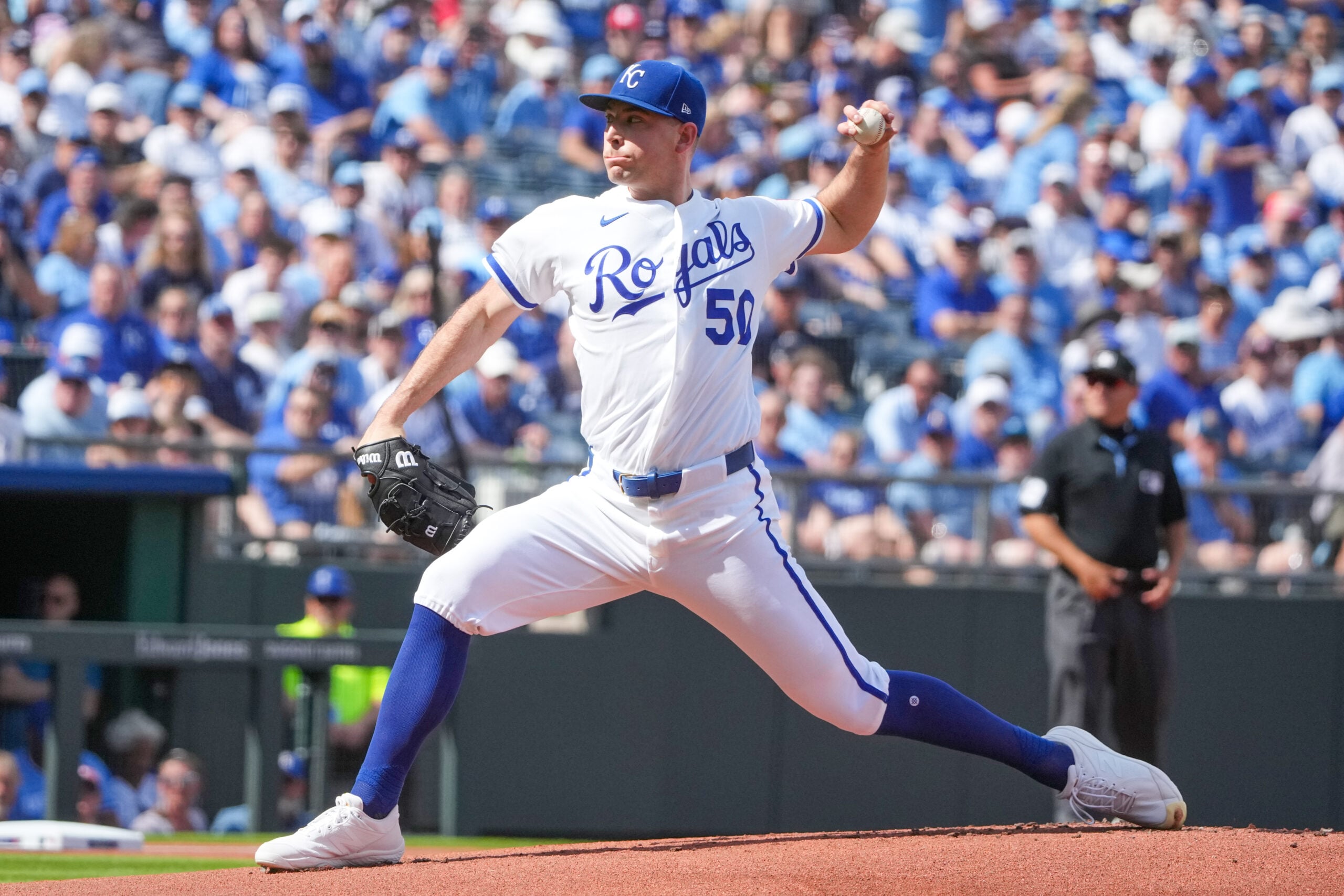 Mar 30, 2026; Kansas City, Missouri, USA; Kansas City Royals starting pitcher Kris Bubic (50) delivers a pitch against the Minnesota Twins during the first inning at Kauffman Stadium. Mandatory Credit: Denny Medley-Imagn Images