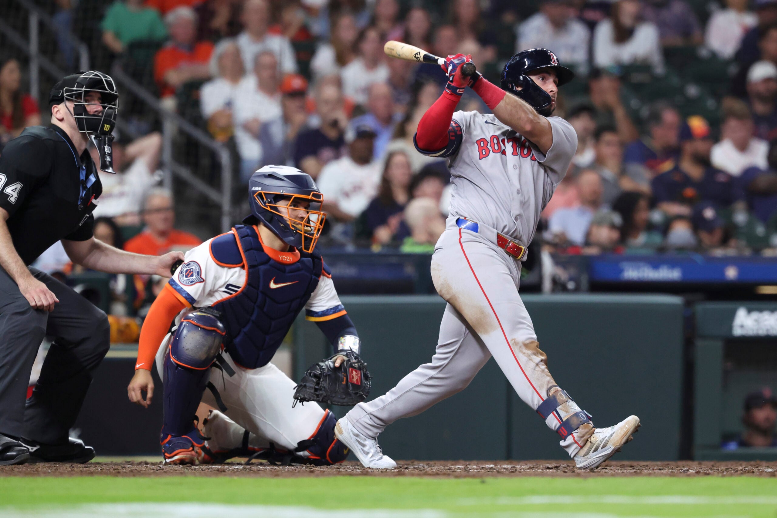 Mar 30, 2026; Houston, Texas, USA; Boston Red Sox right fielder Wilyer Abreu (52) drives in a run with a double during the seventh inning against the Houston Astros at Daikin Park. Mandatory Credit: Troy Taormina-Imagn Images
