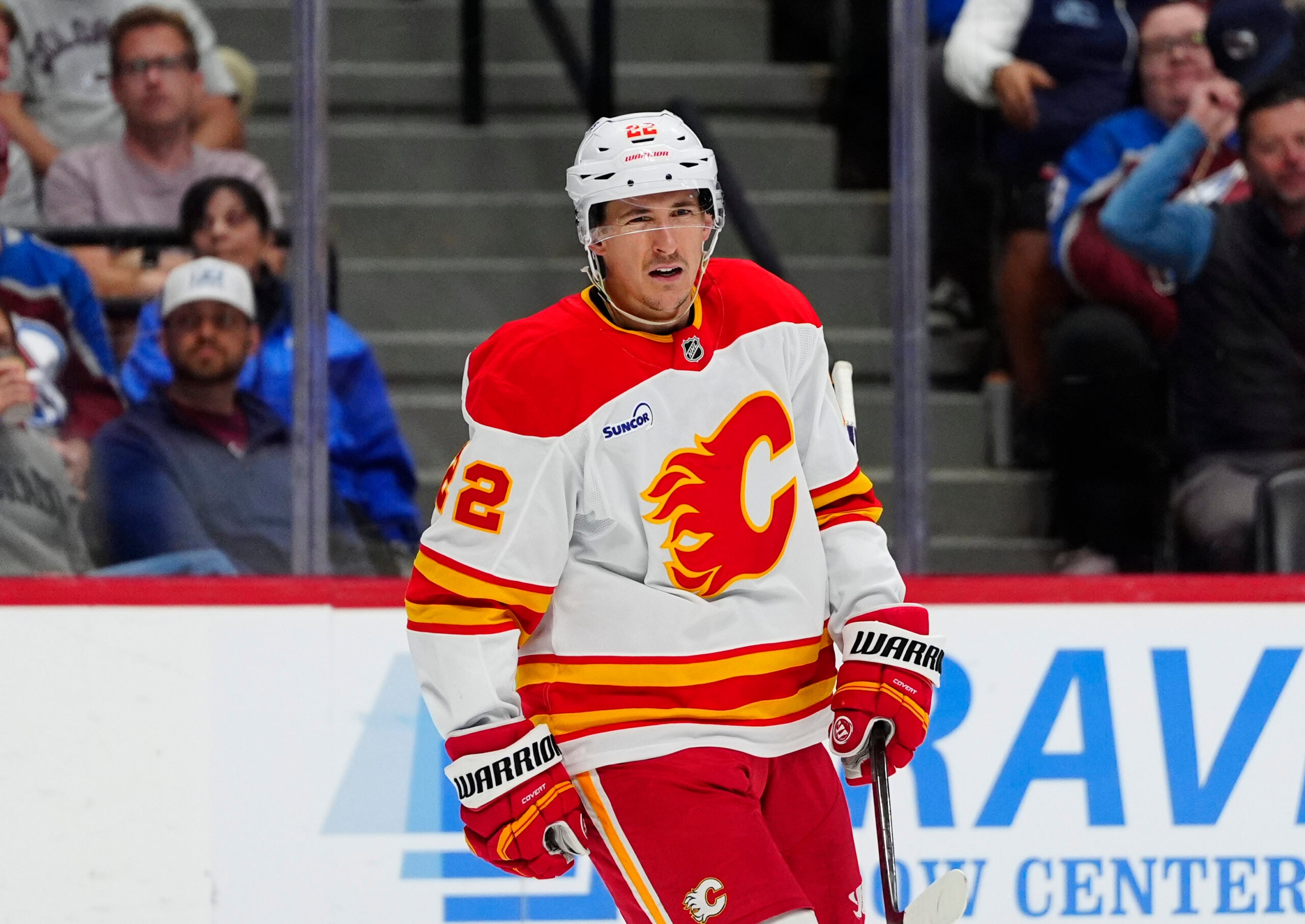 Mar 30, 2026; Denver, Colorado, USA; Calgary Flames center Ryan Strome (22) celebrates a goal in the third period against the Colorado Avalanche at Ball Arena. Mandatory Credit: Ron Chenoy-Imagn Images
