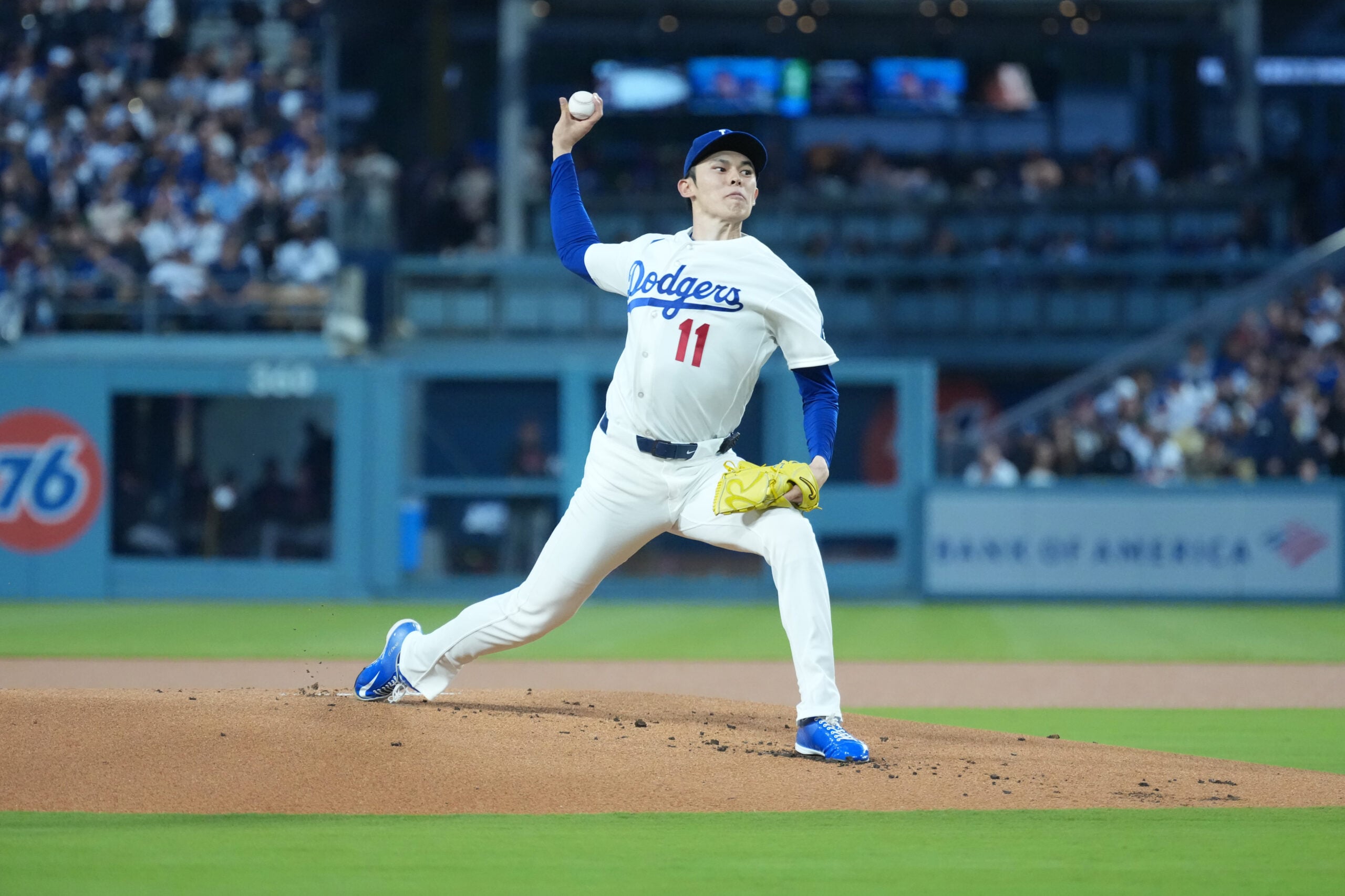 Mar 30, 2026; Los Angeles, California, USA; Los Angeles Dodgers pitcher Roki Sasaki (11) throws against the Cleveland Guardians at Dodger Stadium. Mandatory Credit: Kirby Lee-Imagn Images