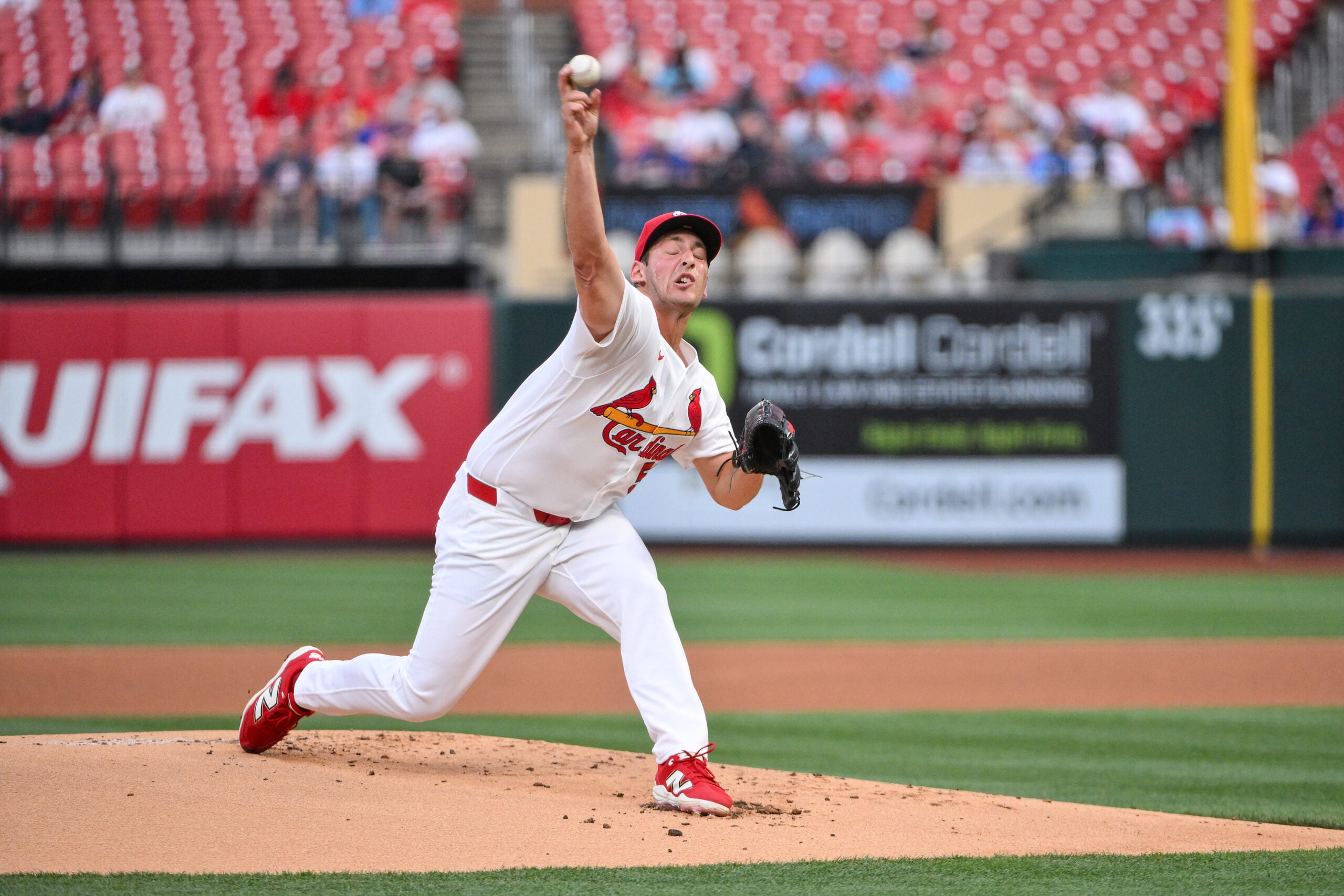 Mar 31, 2026; St. Louis, Missouri, USA; St. Louis Cardinals starting pitcher Andre Pallante (53) pitches against the New York Mets during the first inning at Busch Stadium. Mandatory Credit: Jeff Curry-Imagn Images
