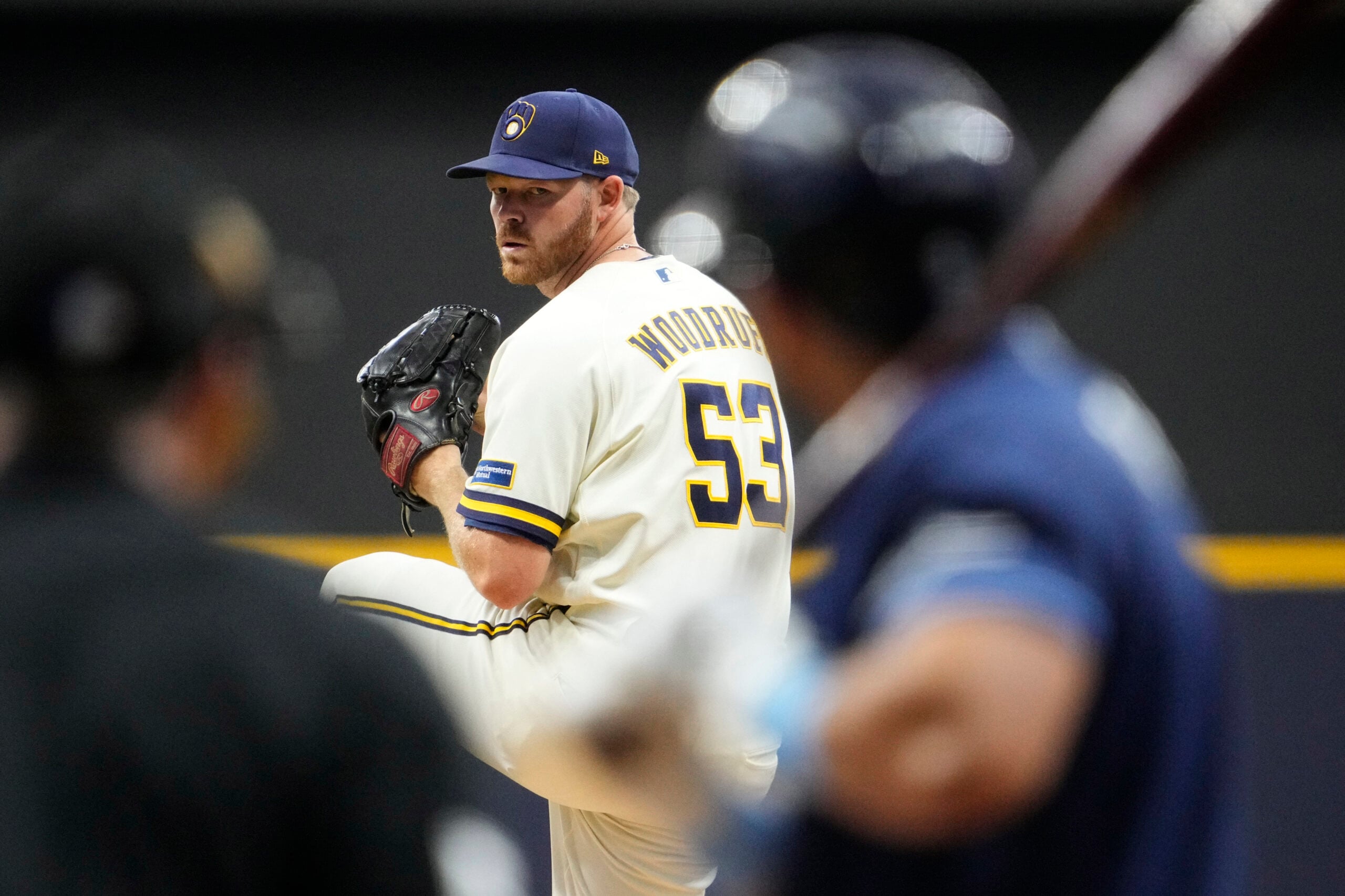 Mar 31, 2026; Milwaukee, Wisconsin, USA; Milwaukee Brewers pitcher Brandon Woodruff (53) delivers a pitch against the Tampa Bay Rays in the first inning at American Family Field. Mandatory Credit: Michael McLoone-Imagn Images