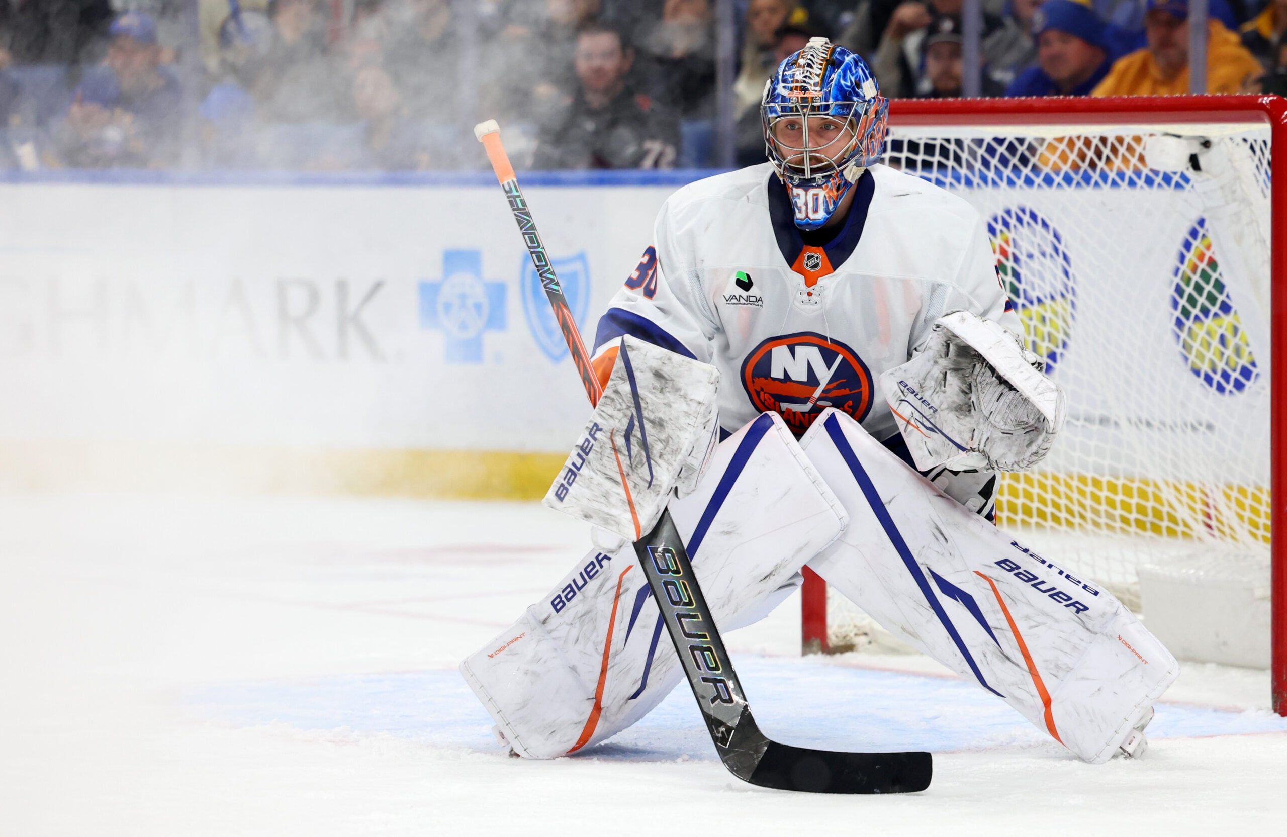 Mar 31, 2026; Buffalo, New York, USA;  New York Islanders goaltender Ilya Sorokin (30) looks for the puck during the second period against the Buffalo Sabres at KeyBank Center. Mandatory Credit: Timothy T. Ludwig-Imagn Images