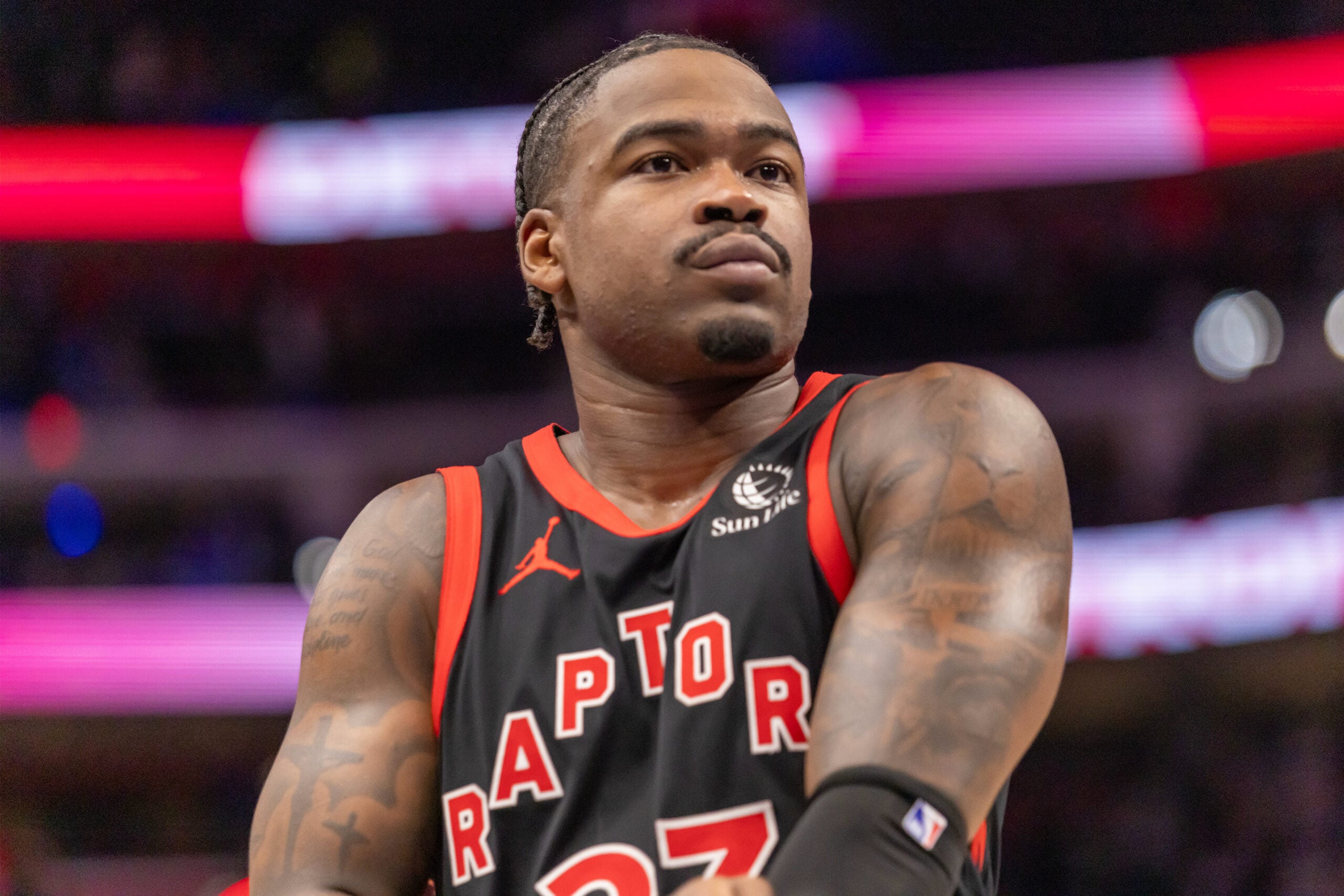Mar 31, 2026; Detroit, Michigan, USA; Toronto Raptors Jamal Shead (23) walks off the court after loosing to the Detroit Pistons at Little Caesars Arena. Mandatory Credit: David Reginek-Imagn Images