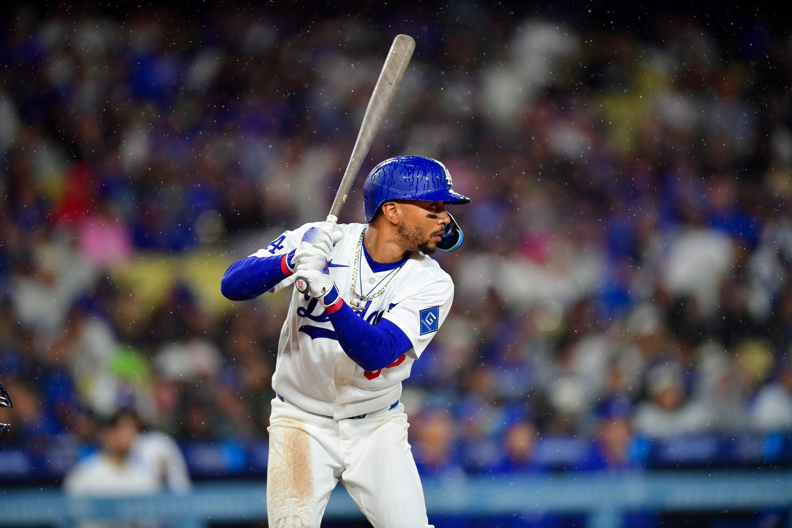 Mar 31, 2026; Los Angeles, California, USA; Los Angeles Dodgers shortstop Mookie Betts (50) at bat against the Cleveland Guardians during the fifth inning at Dodger Stadium. Mandatory Credit: Gary A. Vasquez-Imagn Images