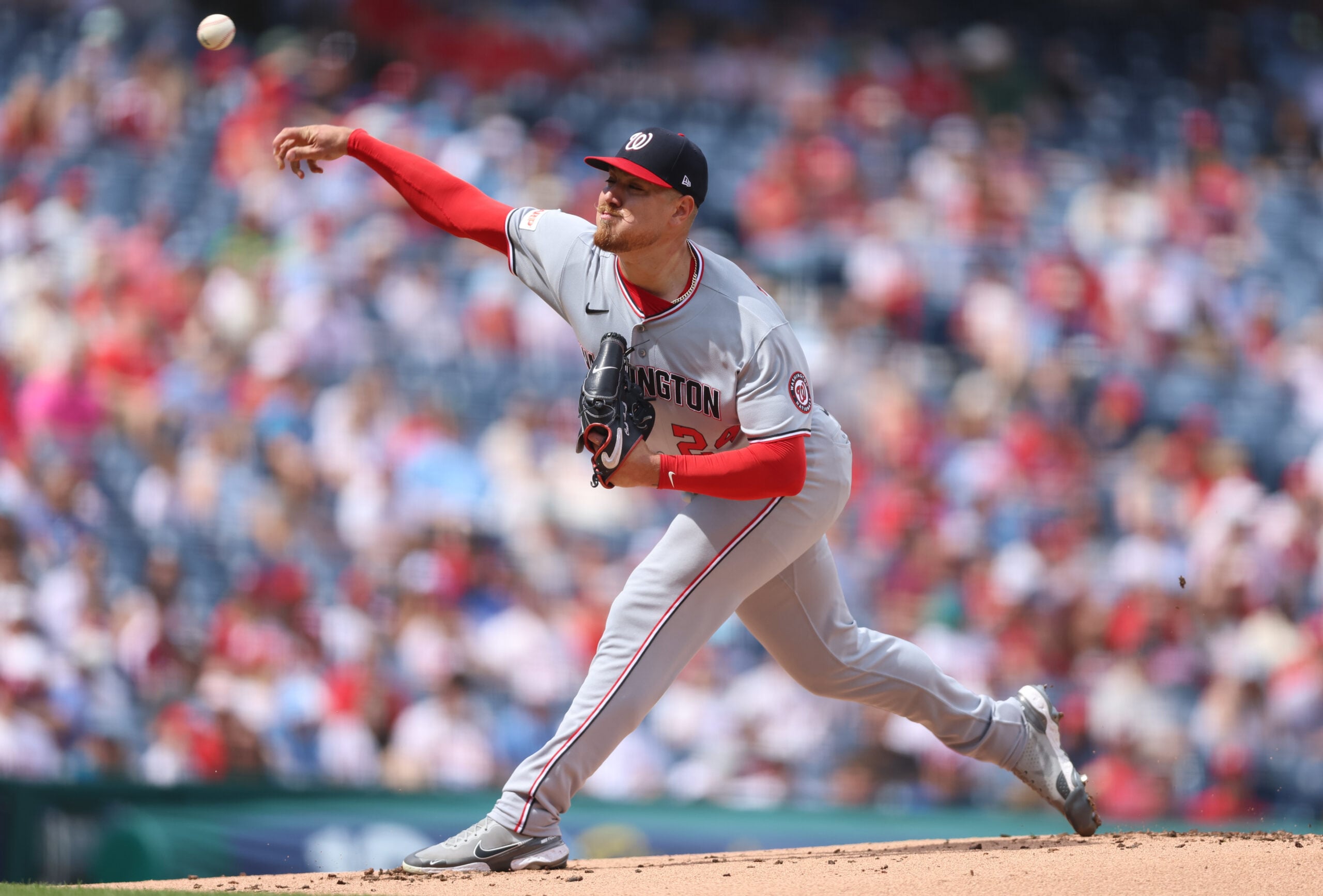 Apr 1, 2026; Philadelphia, Pennsylvania, USA; Washington Nationals pitcher Cade Cavalli (24) throws a pitch during the first inning against the Philadelphia Phillies at Citizens Bank Park. Mandatory Credit: Bill Streicher-Imagn Images