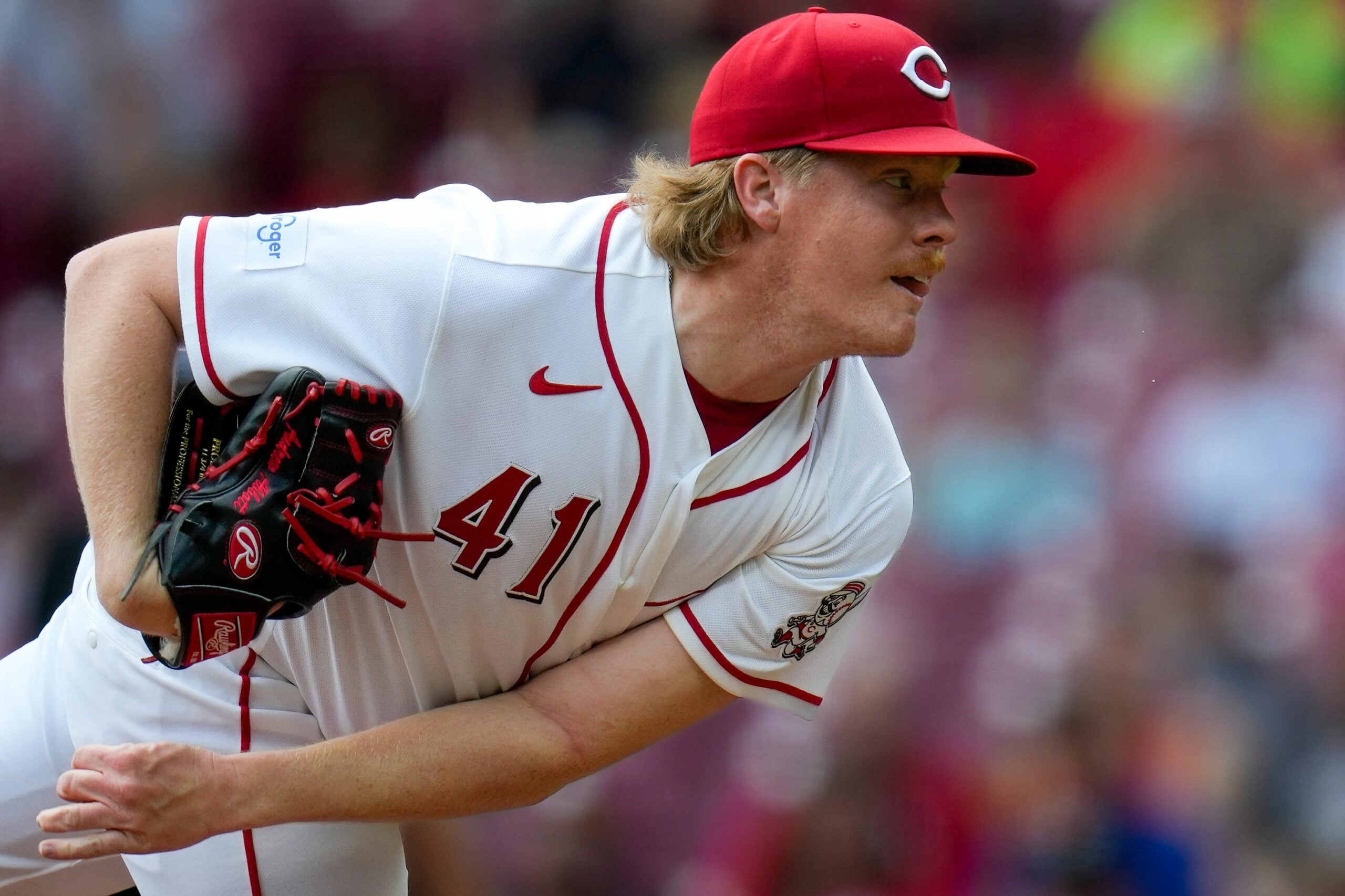 Cincinnati Reds pitcher Andrew Abbott (41) throws a pitch in the first inning of the MLB National League game between the Cincinnati Reds and the Pittsburgh Pirates at Great American Ball Park in downtown Cincinnati on Wednesday, April 1, 2026.