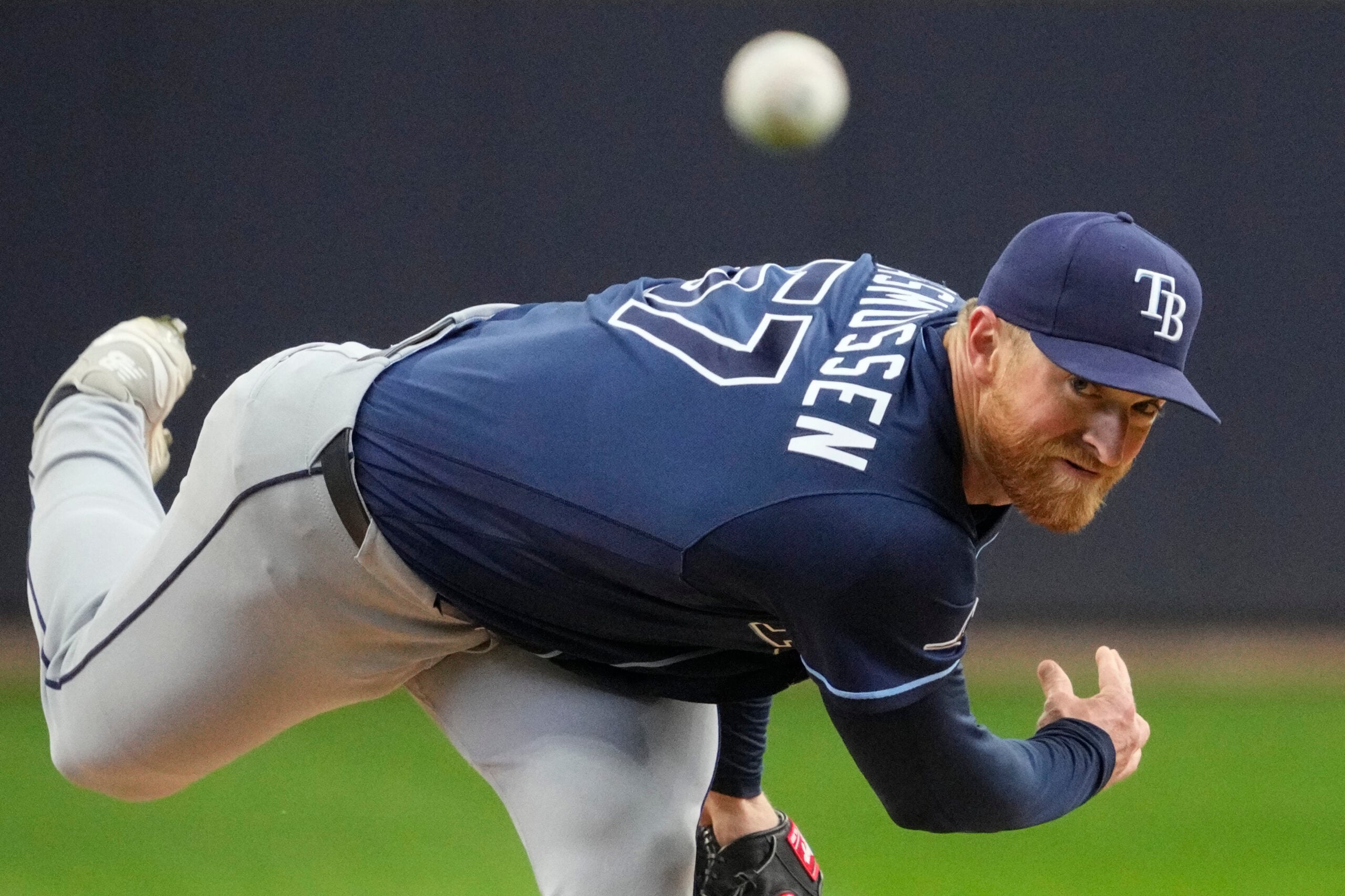 Apr 1, 2026; Milwaukee, Wisconsin, USA; Tampa Bay Rays pitcher Drew Rasmussen (57) delivers a pitch against the Milwaukee Brewers in the first inning at American Family Field. Mandatory Credit: Michael McLoone-Imagn Images