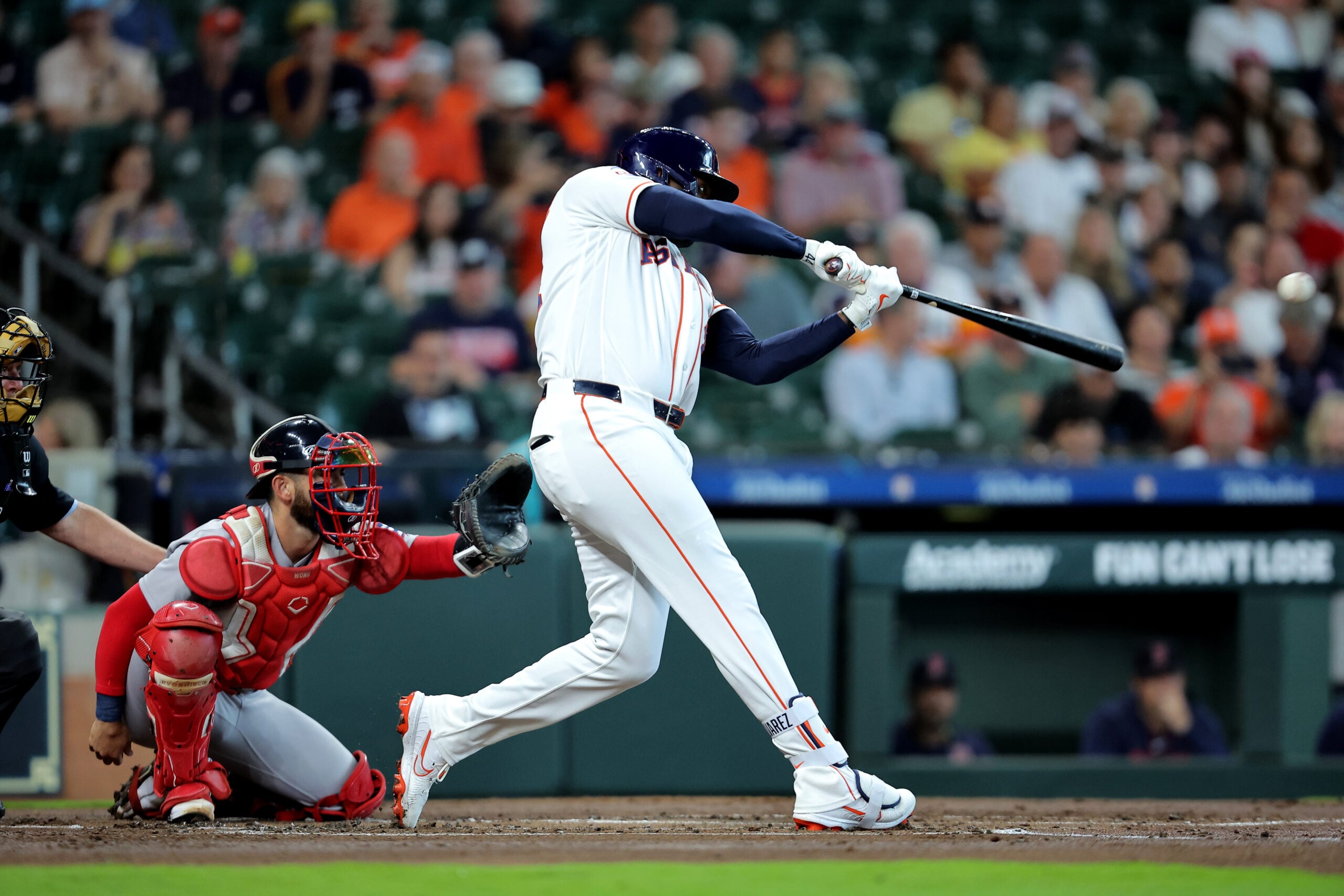 Apr 1, 2026; Houston, Texas, USA; Houston Astros designated hitter Yordan Alvarez (44) hits a double against the Boston Red Sox during the first inning at Daikin Park. Mandatory Credit: Erik Williams-Imagn Images