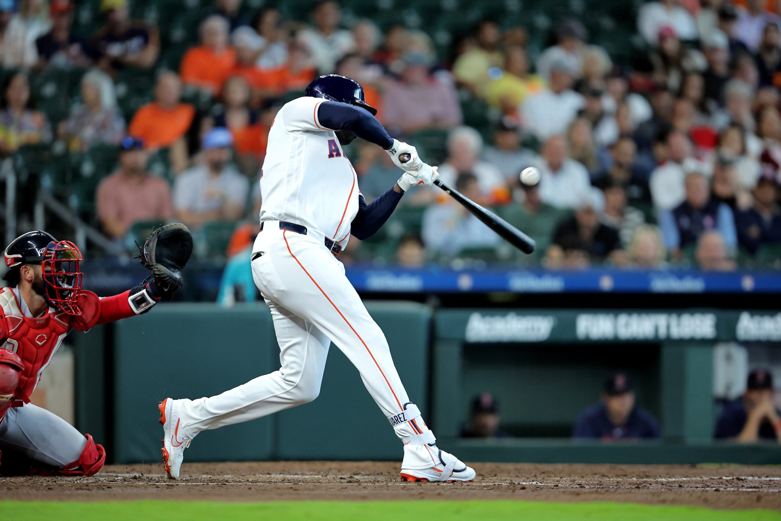 Apr 1, 2026; Houston, Texas, USA; Houston Astros designated hitter Yordan Alvarez (44) hits a double against the Boston Red Sox during the third inning at Daikin Park. Mandatory Credit: Erik Williams-Imagn Images